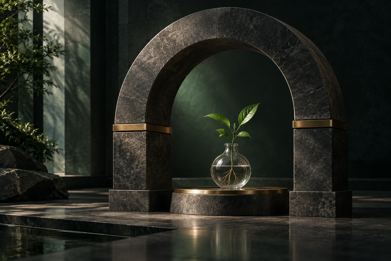 Stone arch protecting a glass vessel and green sprout, representing compassion as strength