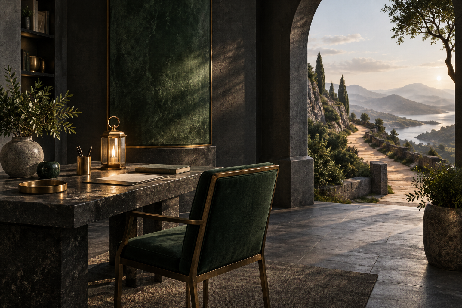 Green chair, brass lantern, desk, and open shared road, representing responsible freedom