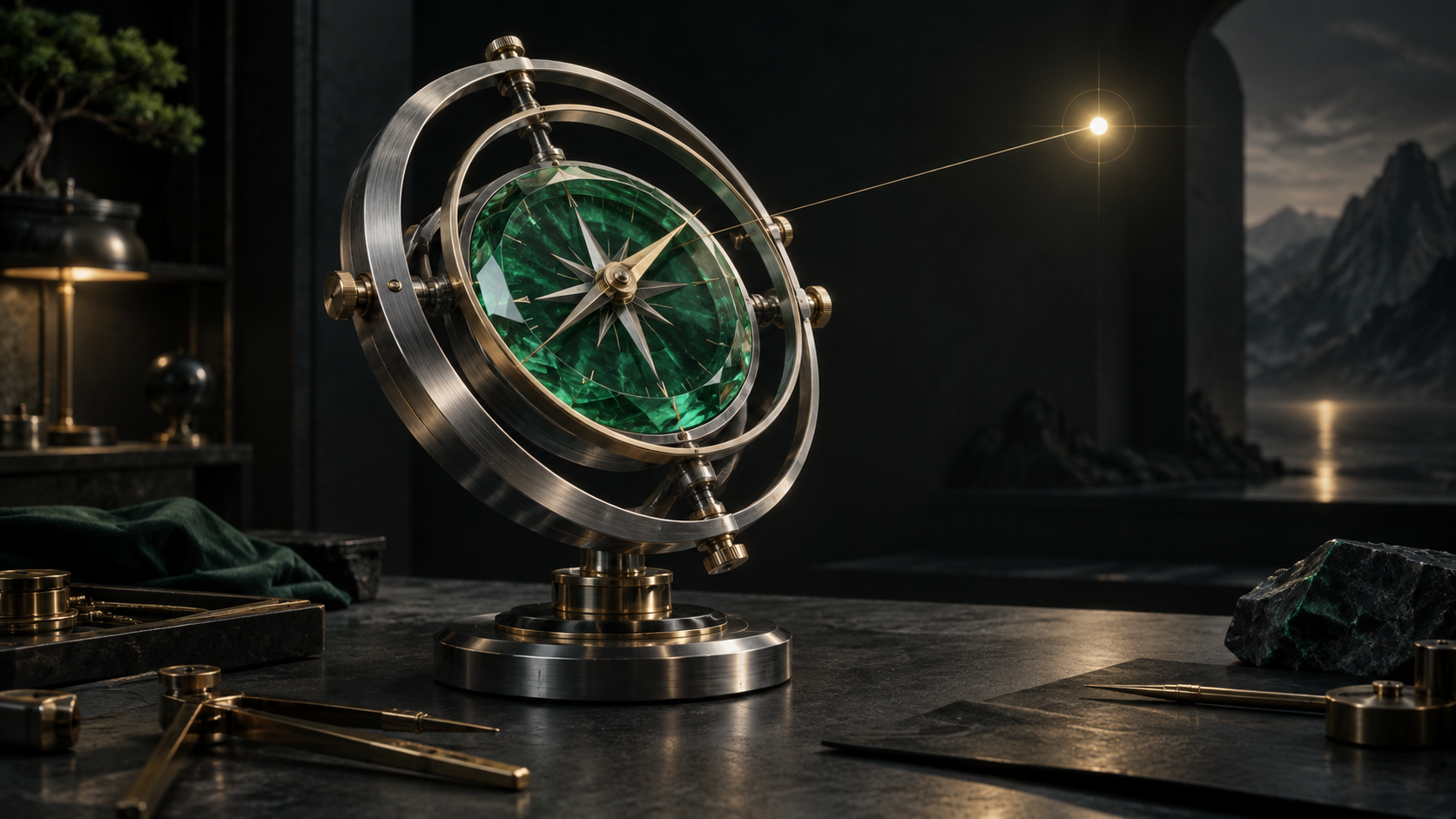 Emerald compass balanced within silver calibration rings, representing independent thought guided by humility