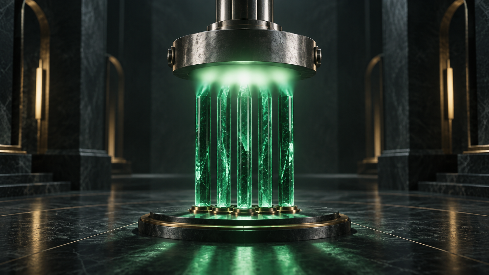 Emerald glass signals compressed beneath a single mechanism, representing consensus weakening independent judgment