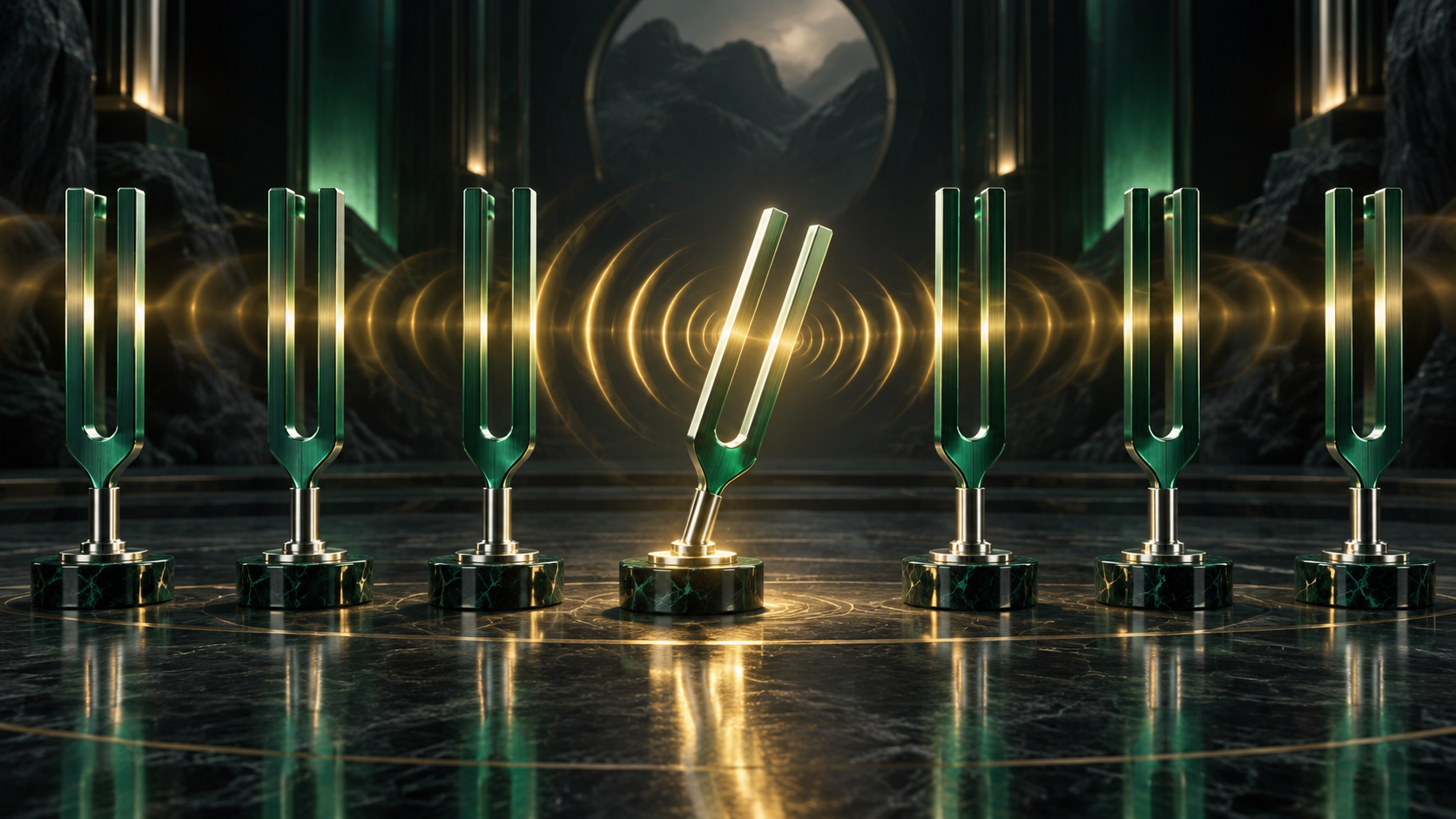 One angled emerald tuning fork bringing a surrounding set into clearer resonance, representing constructive dissent