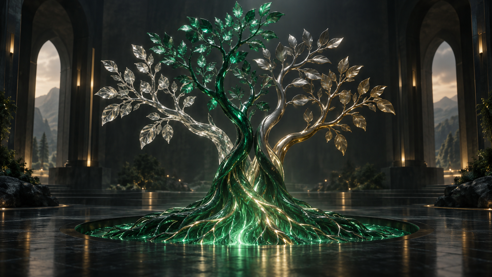 Distinct emerald, silver, and gold branches forming one living tree, representing many members united in one body