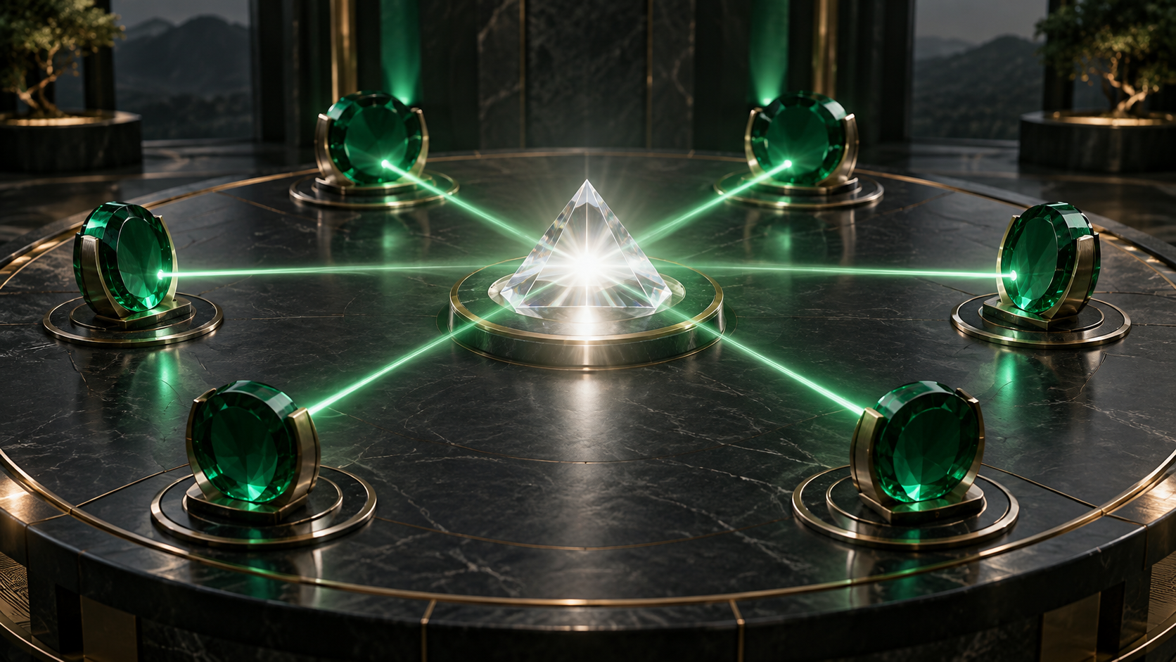 Separate emerald lenses directing light into one clear prism, representing distinct contributions integrated around truth