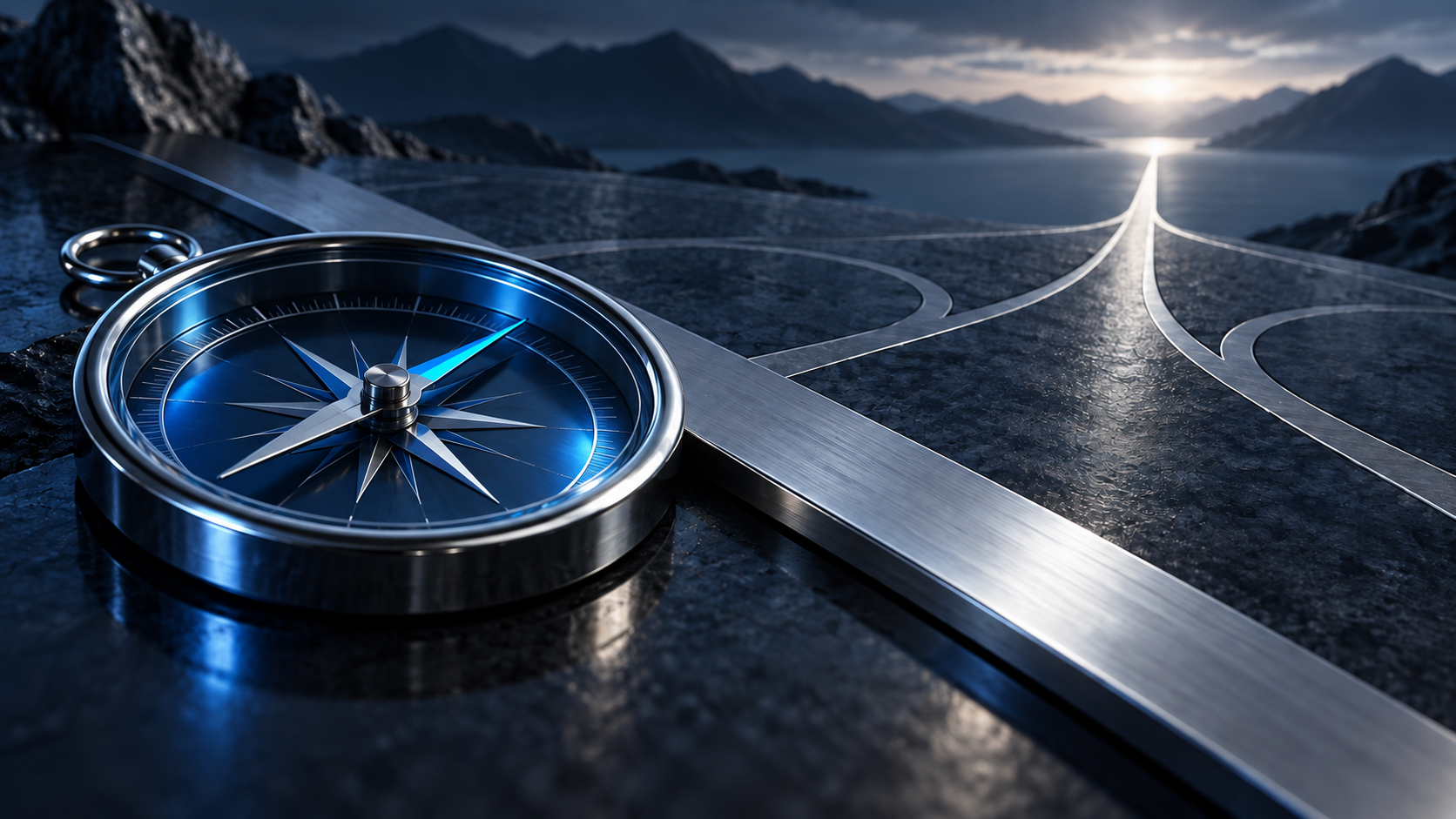 A polished blue compass aligned with a clear path through intersecting lines