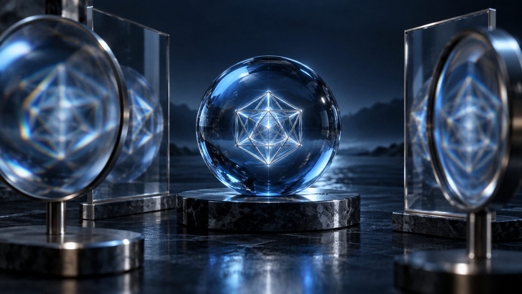 A blue glass sphere revealing a fixed geometric structure from several viewing angles