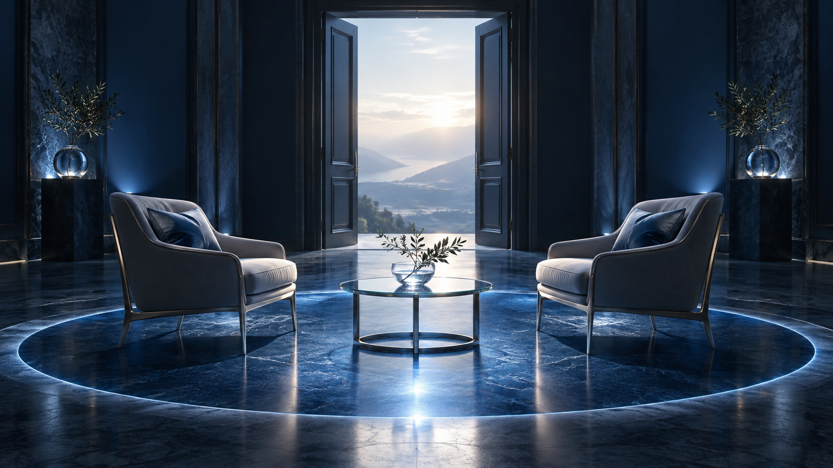 Two open blue chairs facing each other across a balanced circle of light