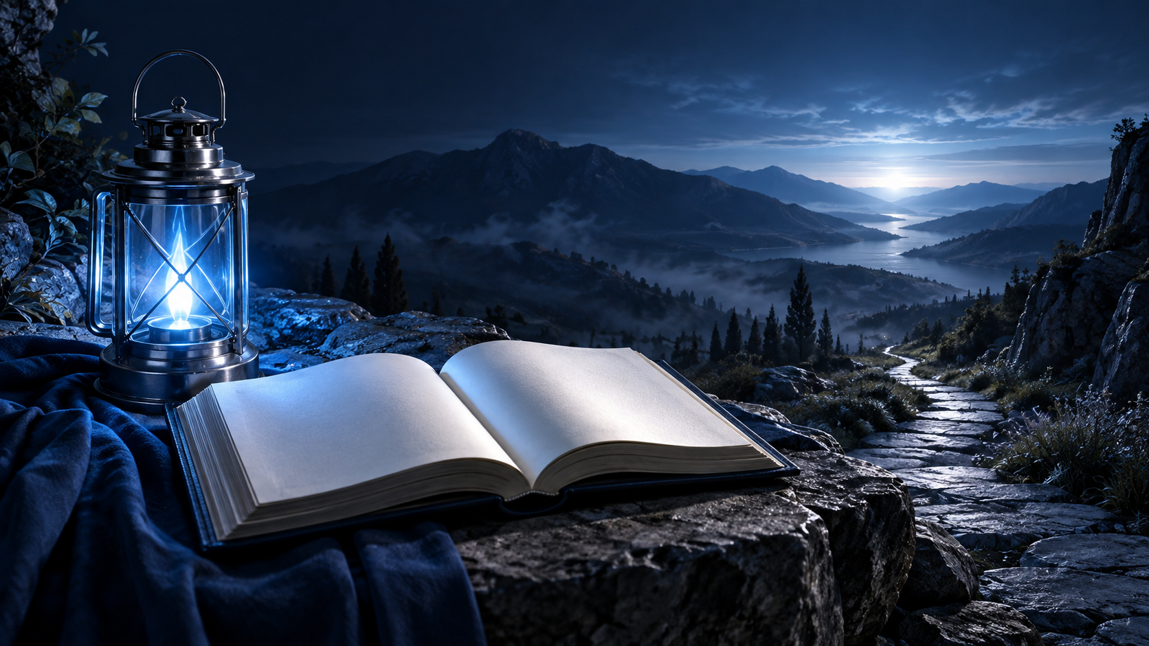 A steady blue lantern illuminating an open Bible and a clear path forward