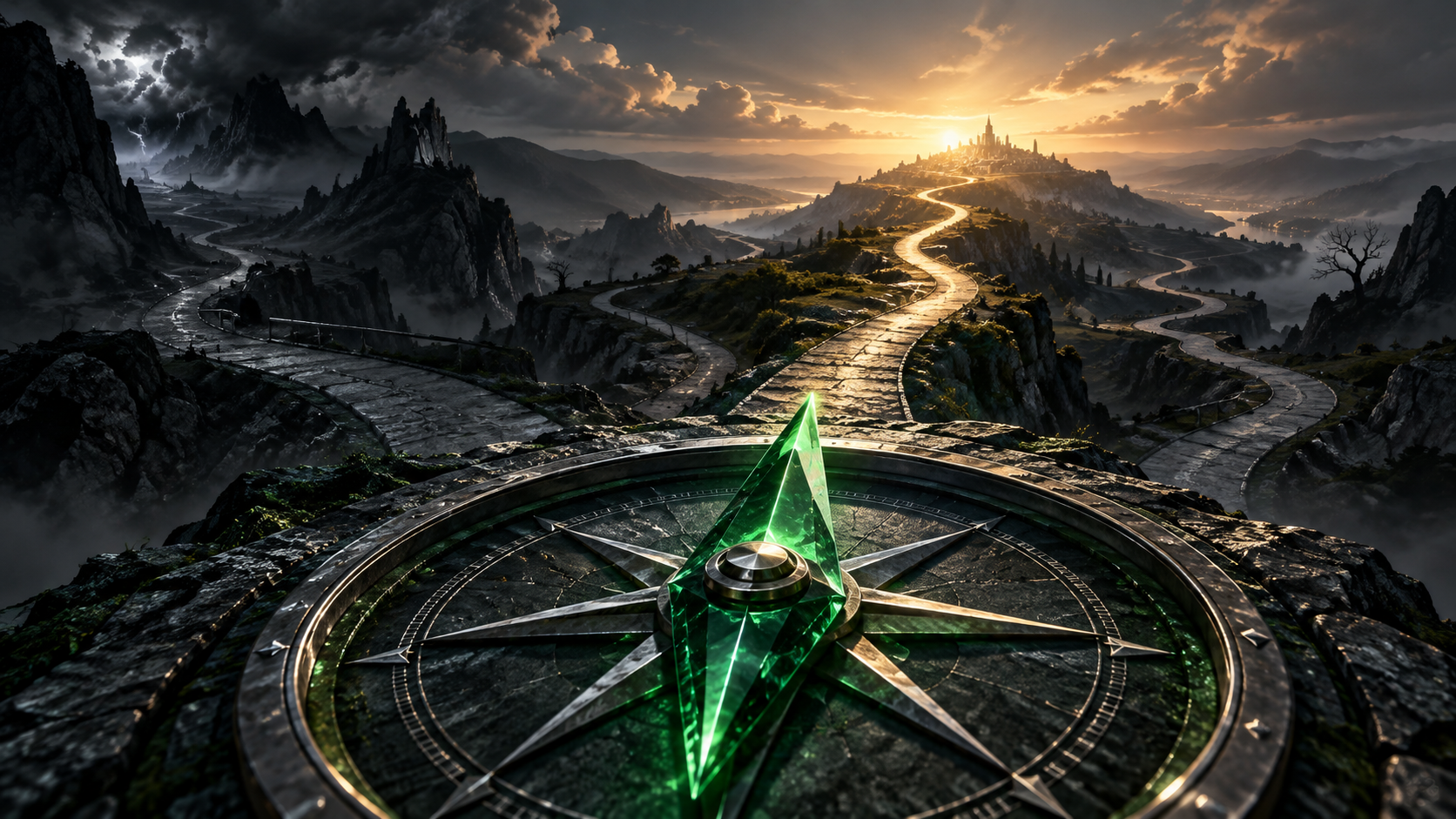 Emerald compass pointing across diverging paths toward a distant light