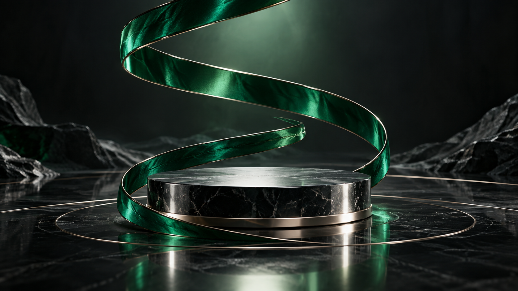 Emerald ribbon tightening around an empty polished pedestal