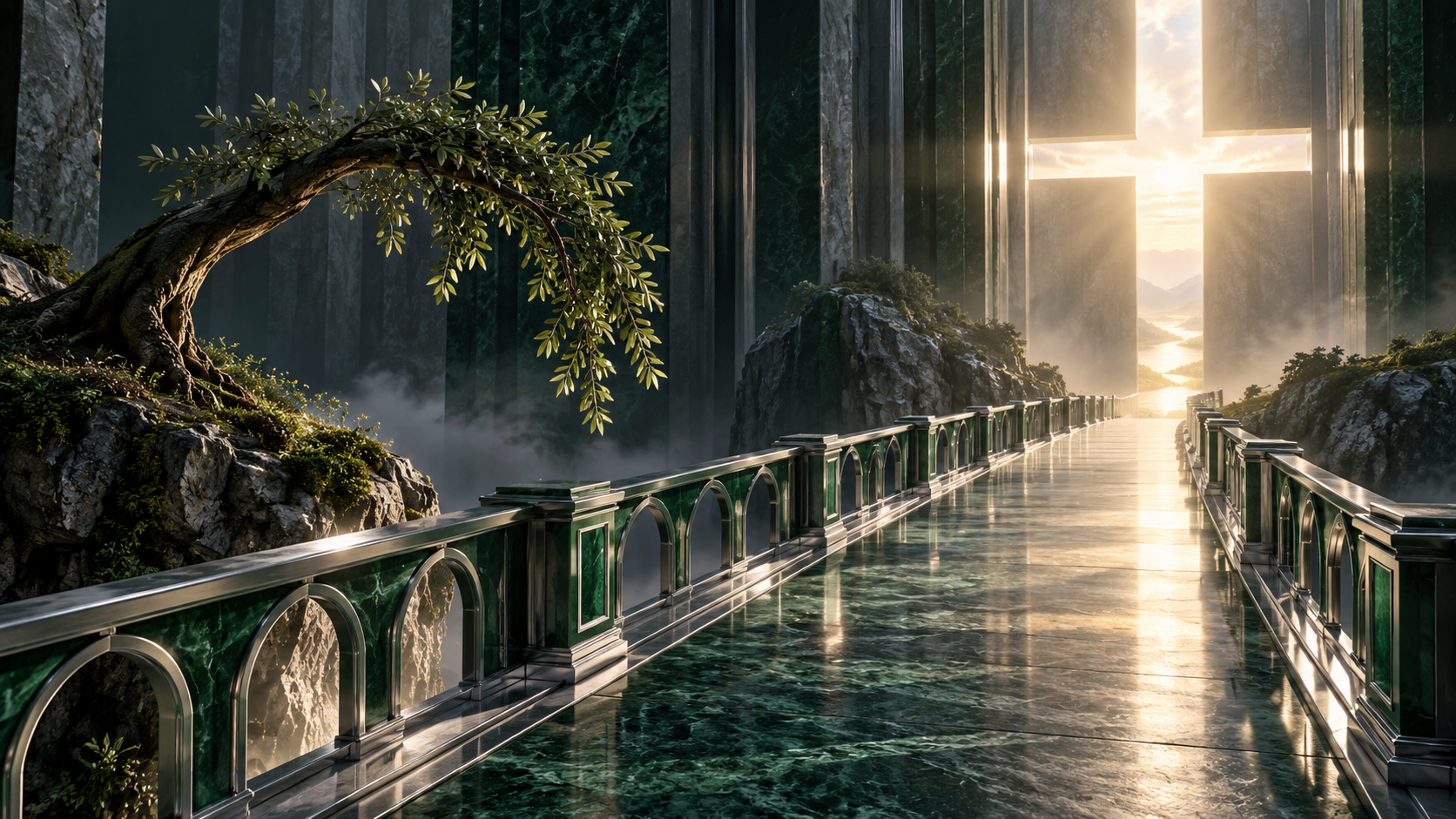 Green and silver bridge leading toward a radiant opening beside a bowed branch