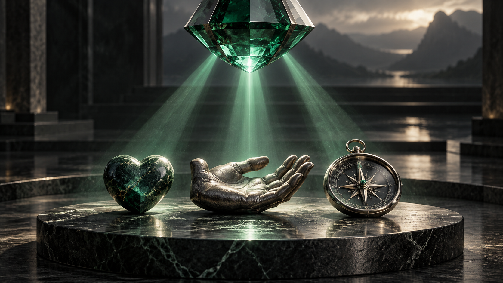 Emerald lens illuminating a heart-shaped stone, open hand, and compass