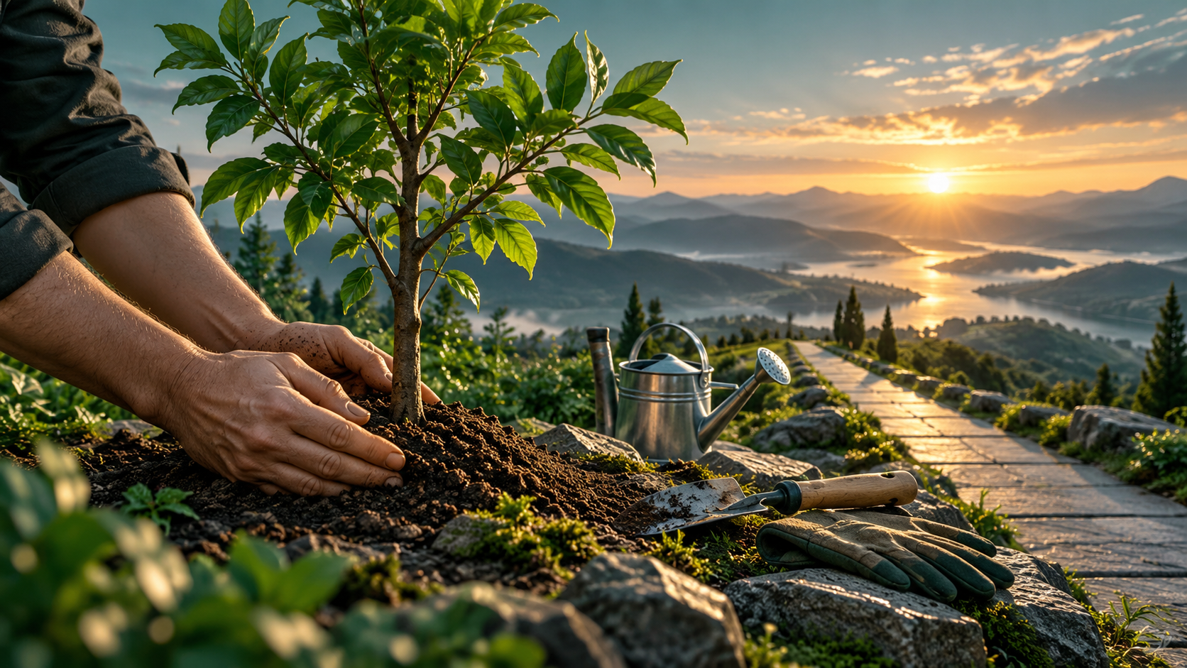 Hands tending a young tree beside simple tools and a clear path at dawn