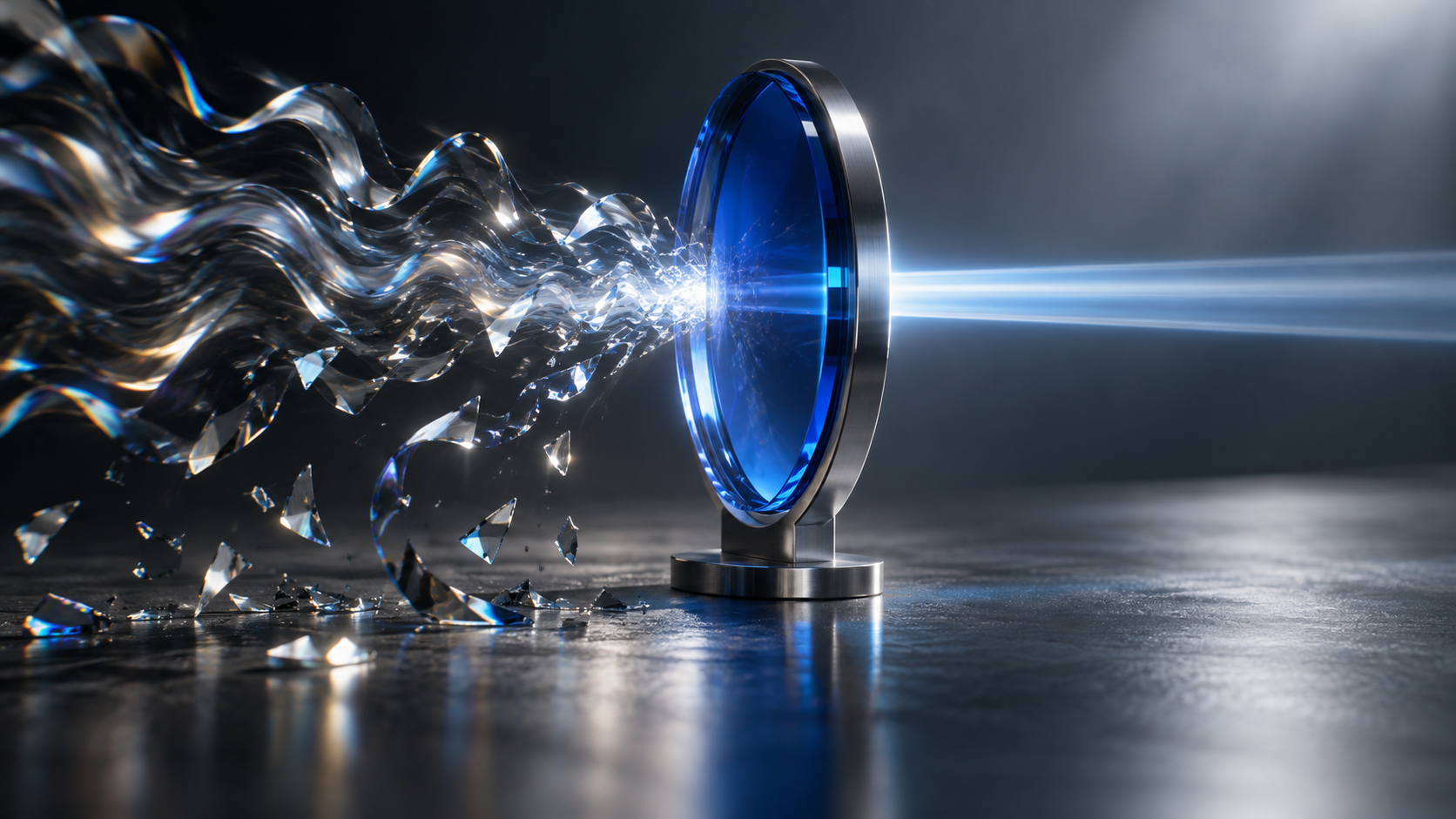 A luminous signal passing through a blue crystal filter that separates clarity from distortion