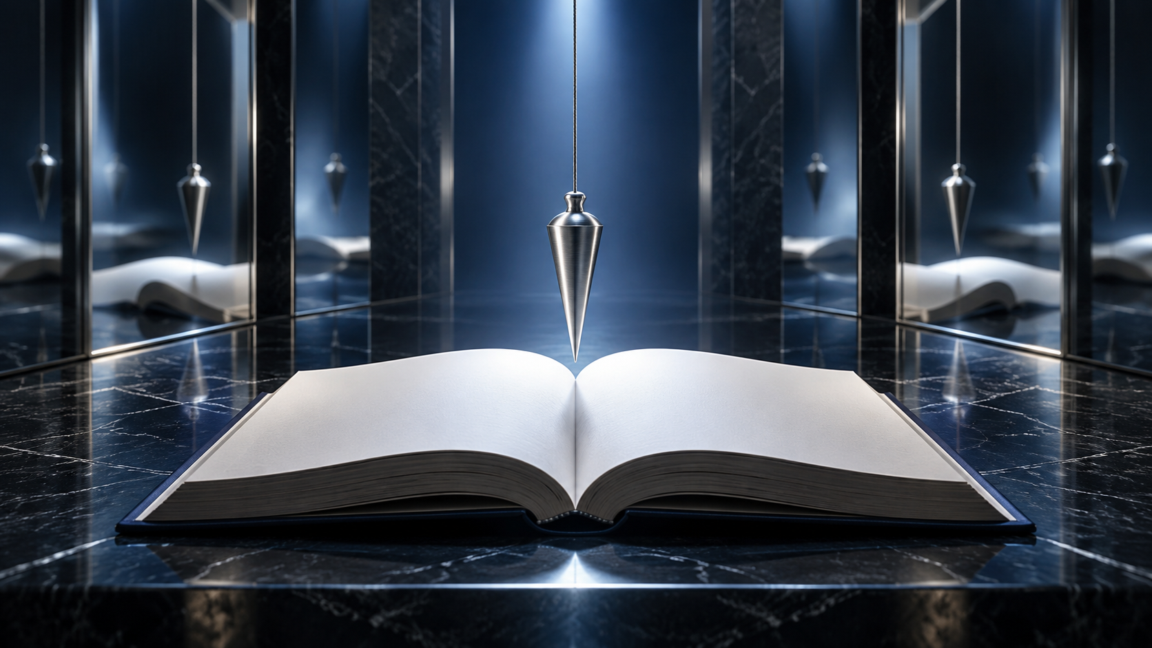 An open unmarked book, a plumb line, and blue light revealing a straight path through competing reflections