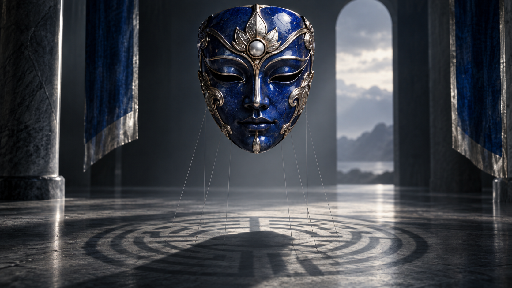 A polished blue ceremonial mask suspended above subtle control threads in a restrained dark editorial scene