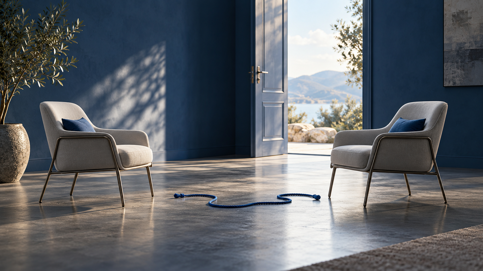 Two chairs facing each other as a loosened blue cord rests on the floor, symbolizing patient freedom from coercion
