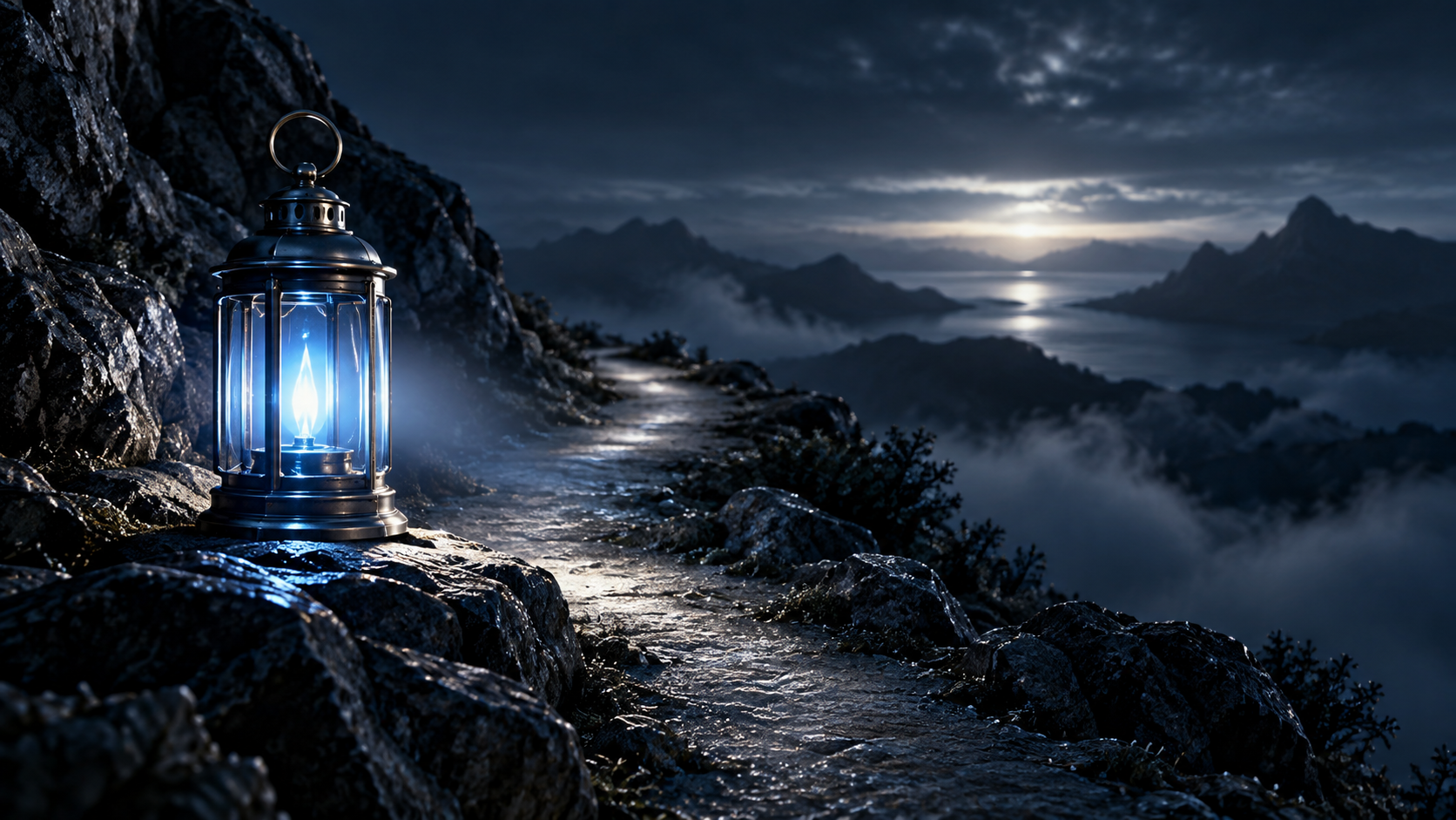 A calm blue lantern illuminating a narrow path while false reflections fade into the surrounding darkness