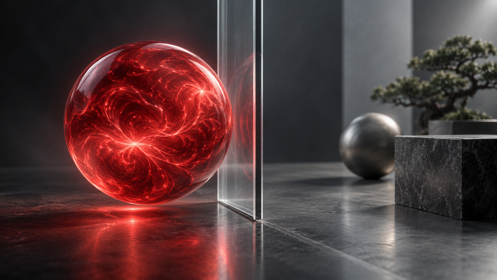 A red glass thought sphere meeting a clear boundary that separates imagination from external reality