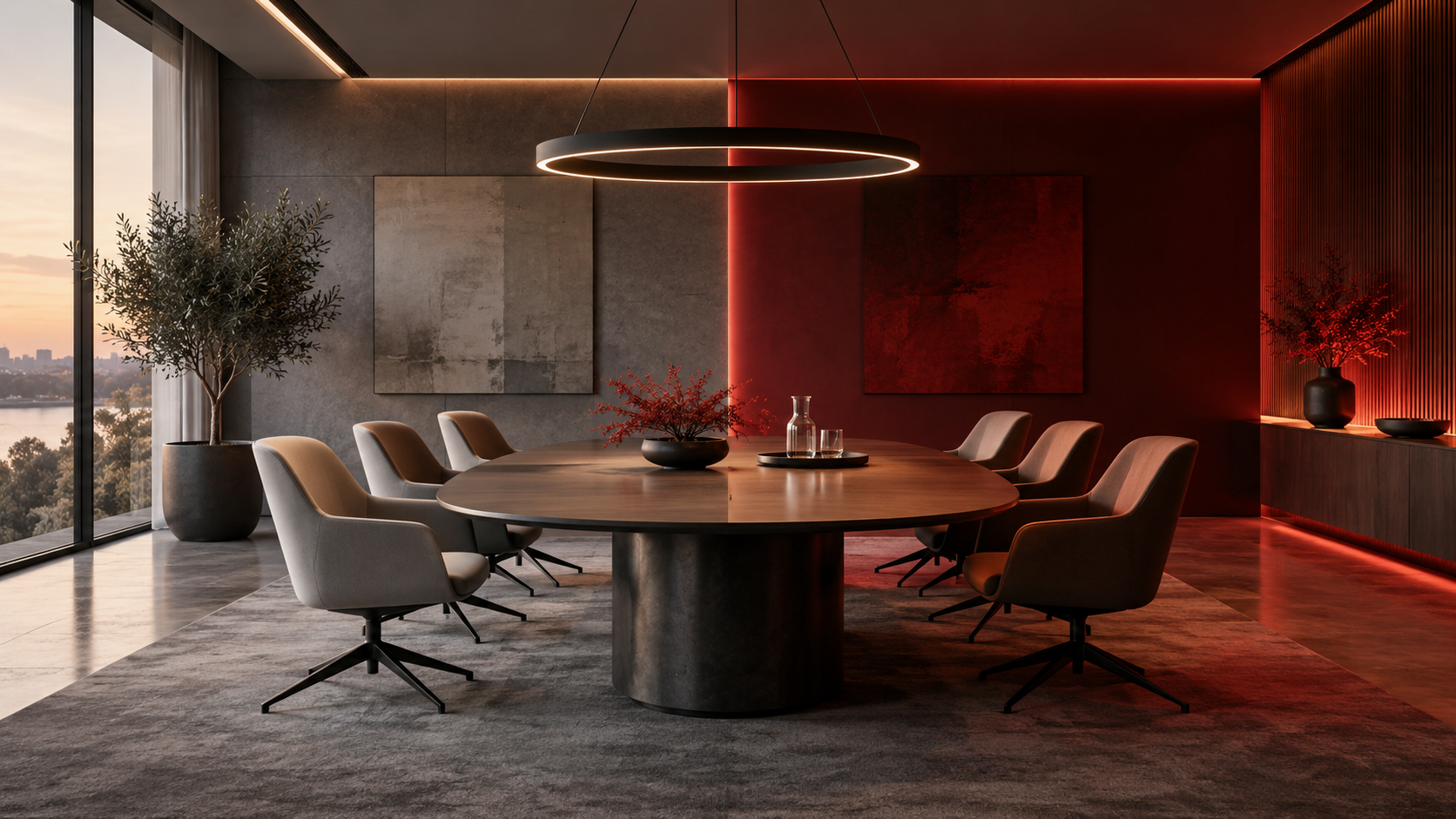 A red-lit meeting room where posture, lighting, and attention visibly shape the shared atmosphere