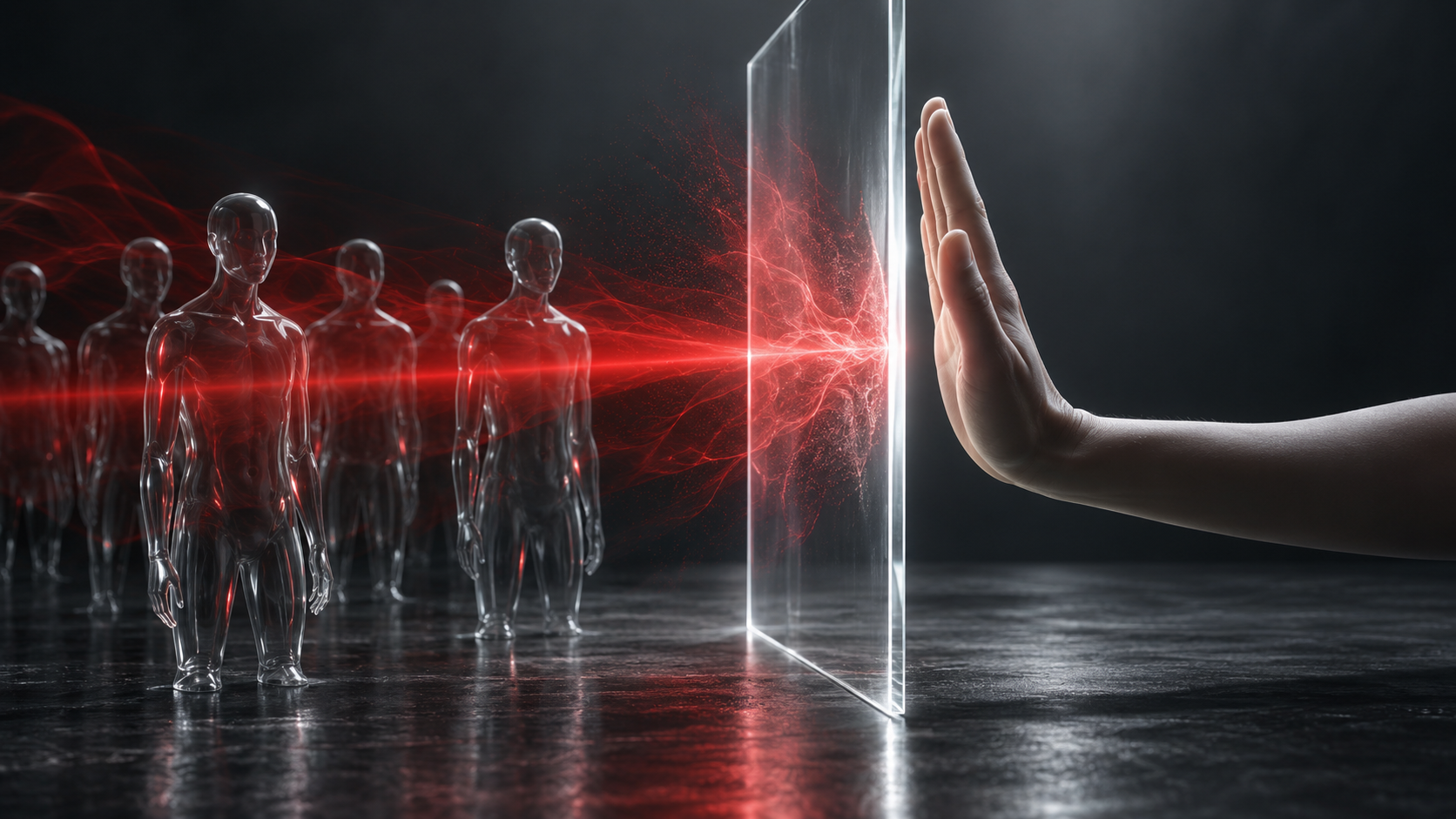 A red beam attempting to move transparent human figures while an open hand interrupts the hidden control