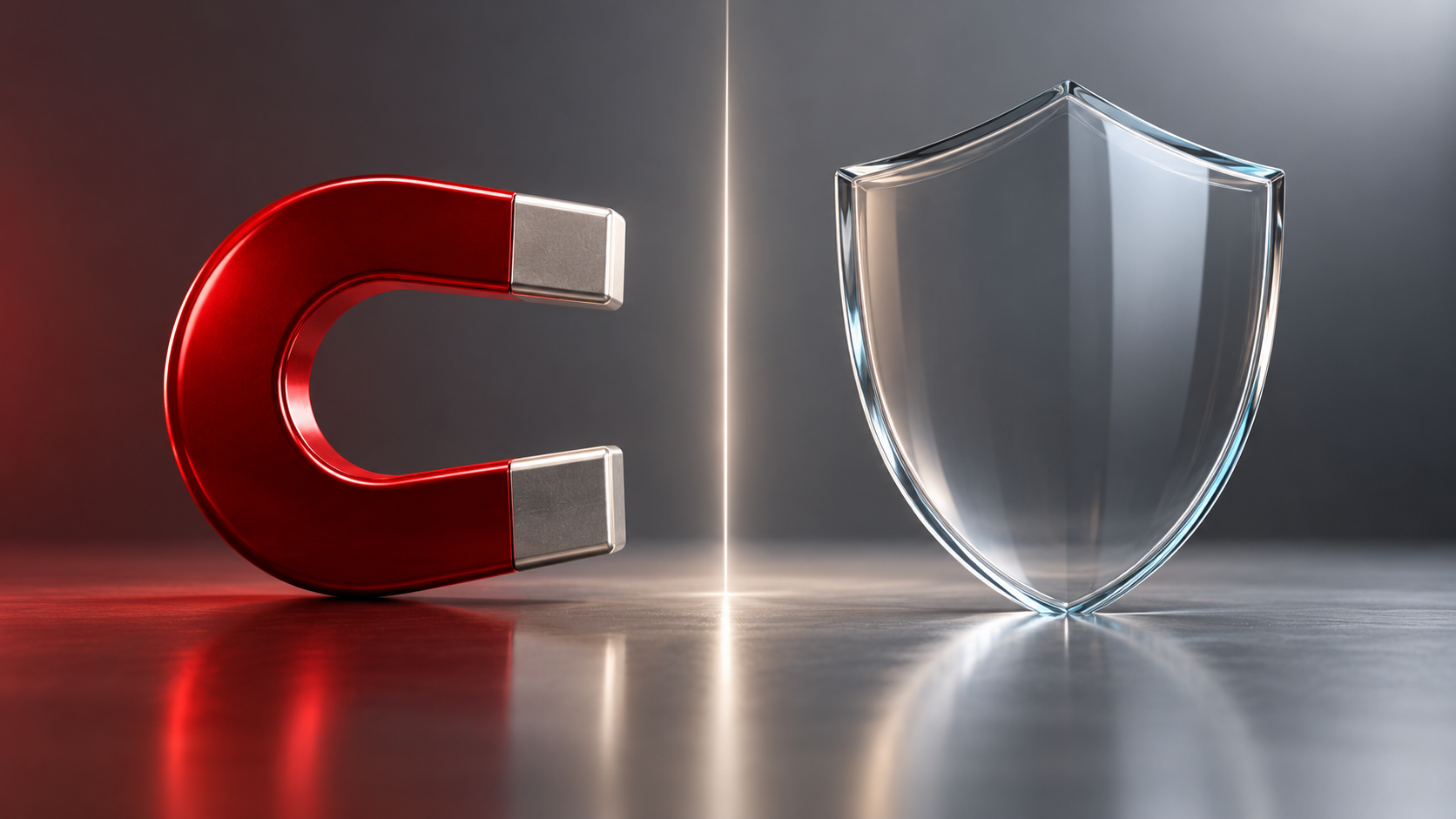 A red magnet and protective glass shield separated by a clear line that marks ethical boundaries