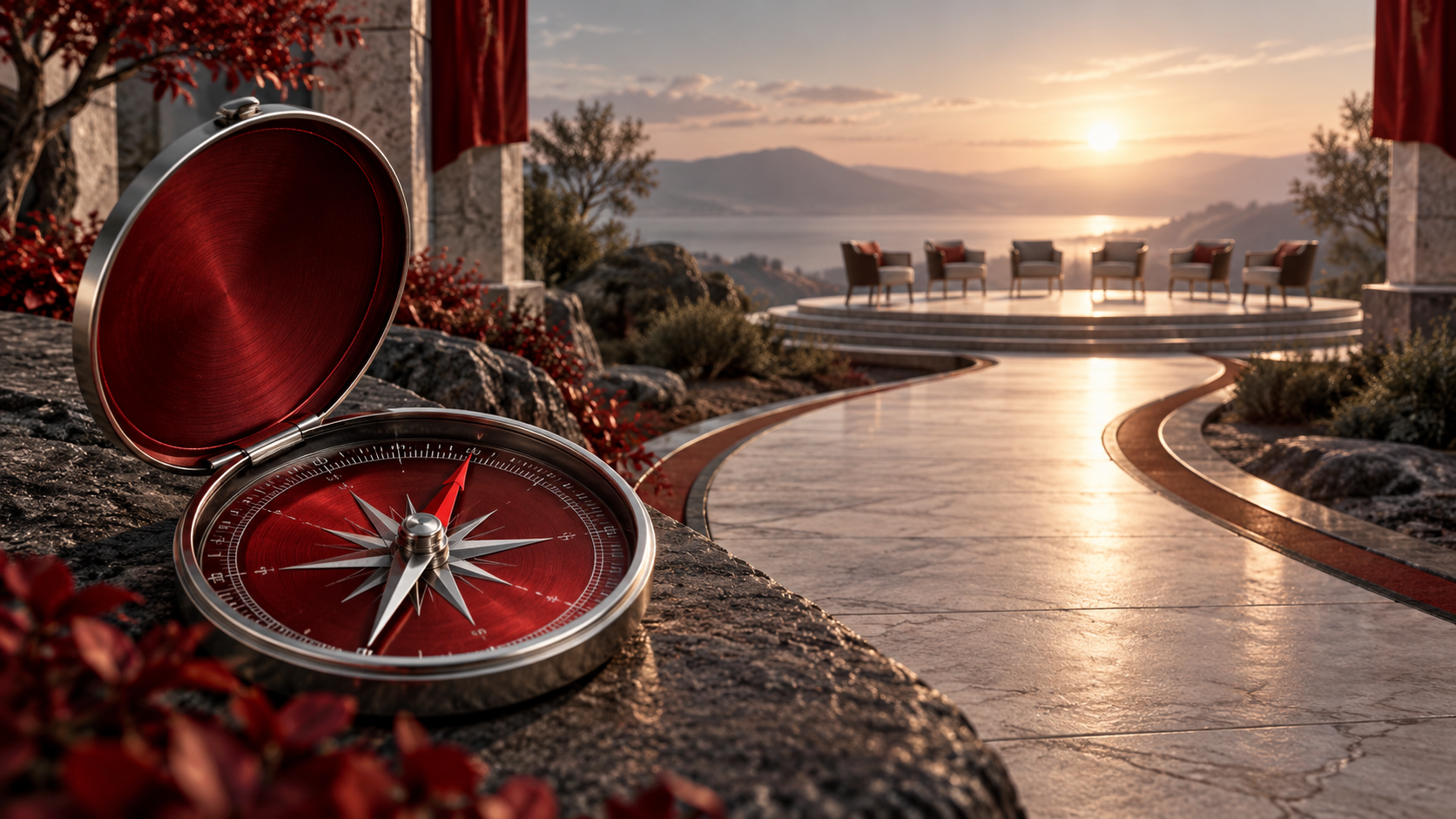 An open red compass aligned with a clear path toward a gathered audience, symbolizing honest persuasion