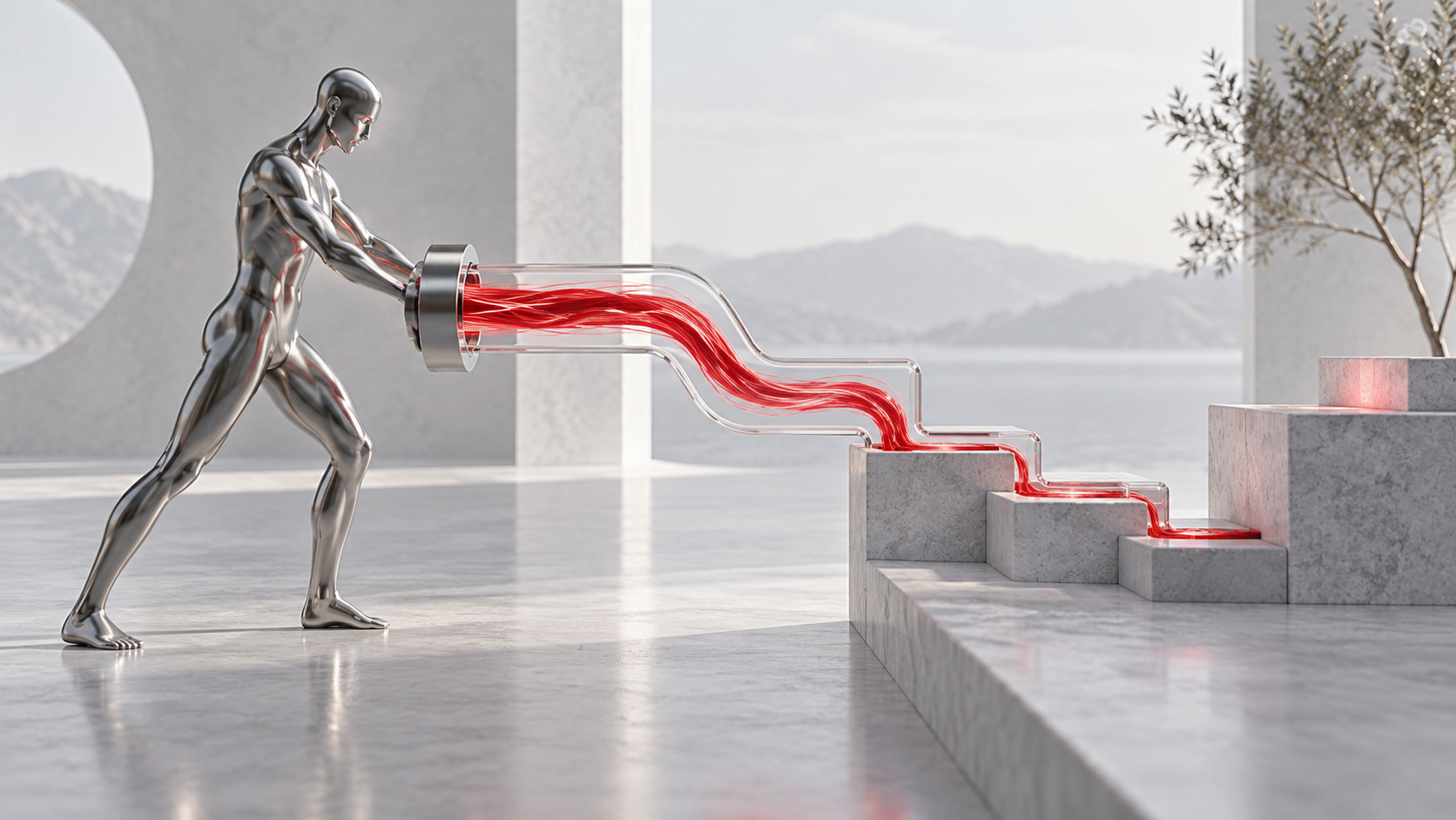 A composed human figure directing a red current into orderly steps rather than an expanding supernatural field