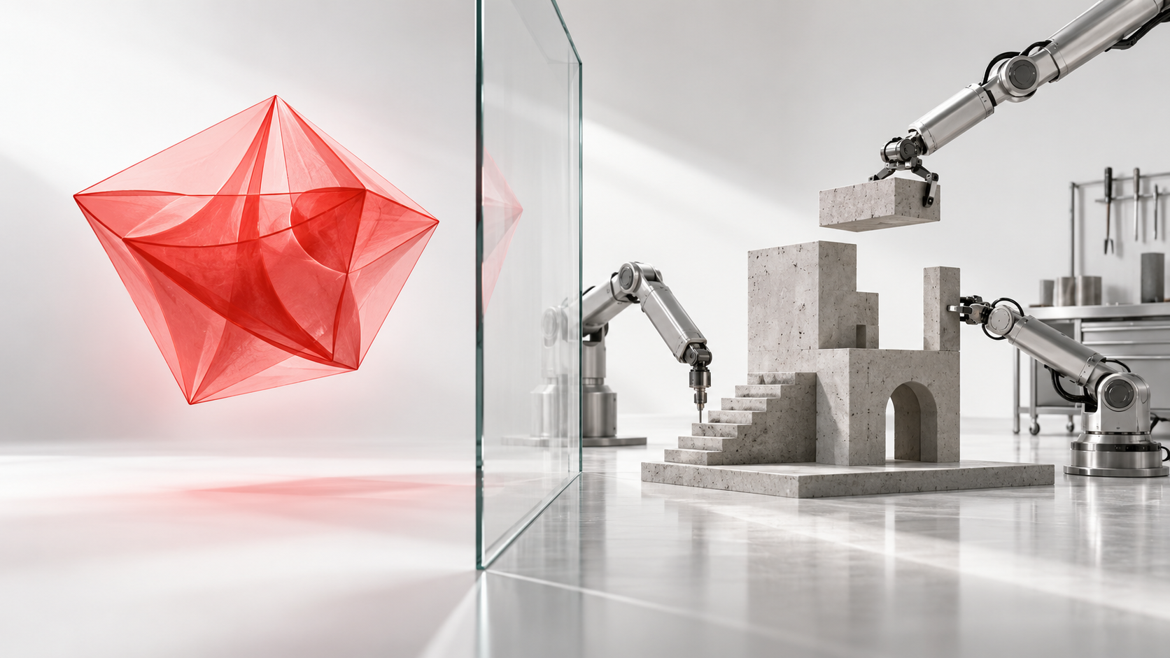 A red imagined form stopping at a clear boundary while real tools and steady work build a concrete result