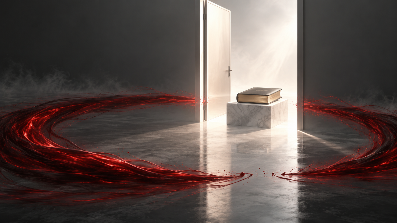 A red ritual circle interrupted by a clear open doorway and an illuminated Bible, symbolizing discernment and refusal