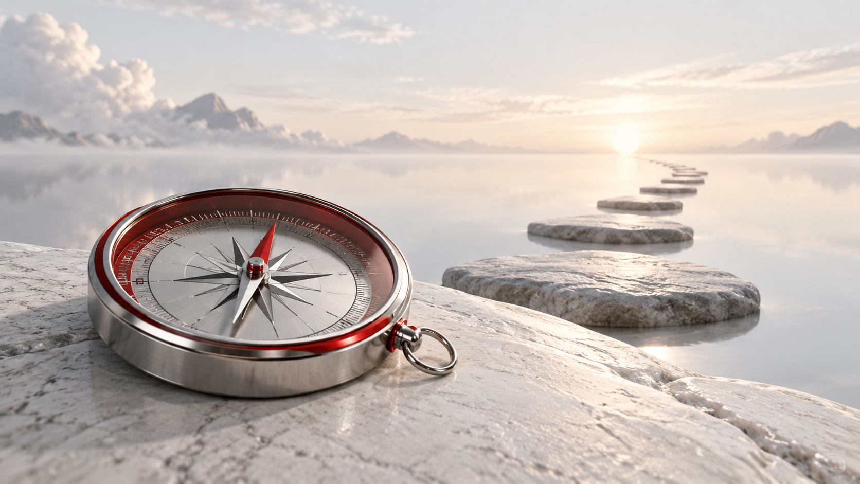 A red compass aligned with a sequence of practical steps beneath clear steady light