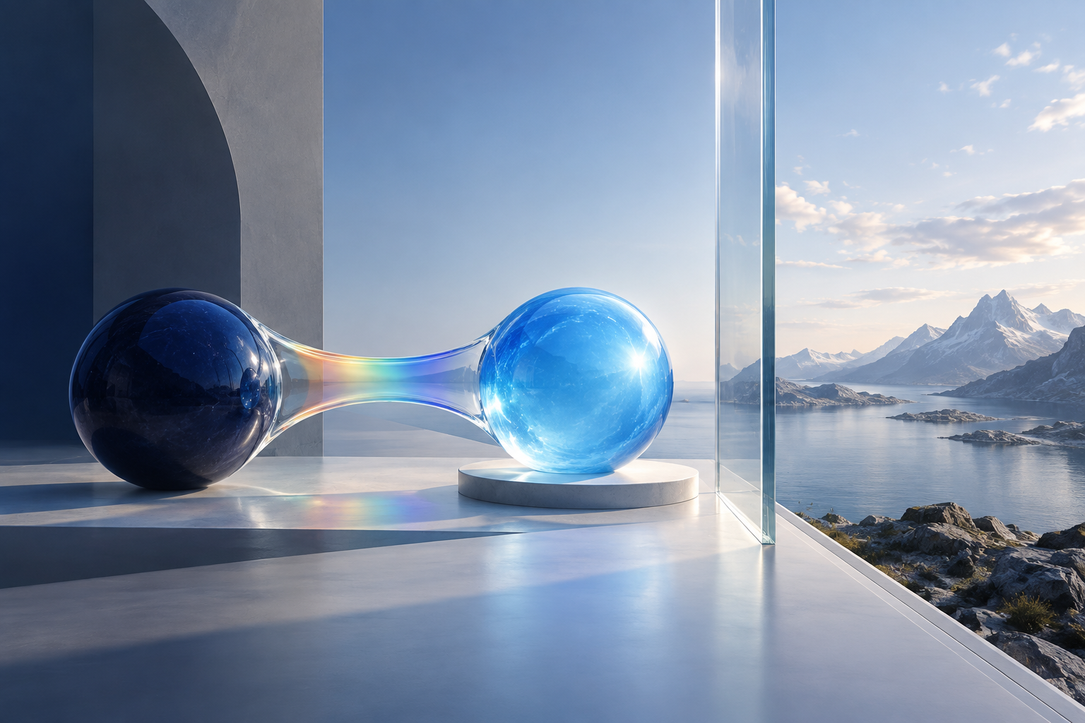 A blue glass spectrum connecting fear and courage while a clear boundary separates thought from external reality