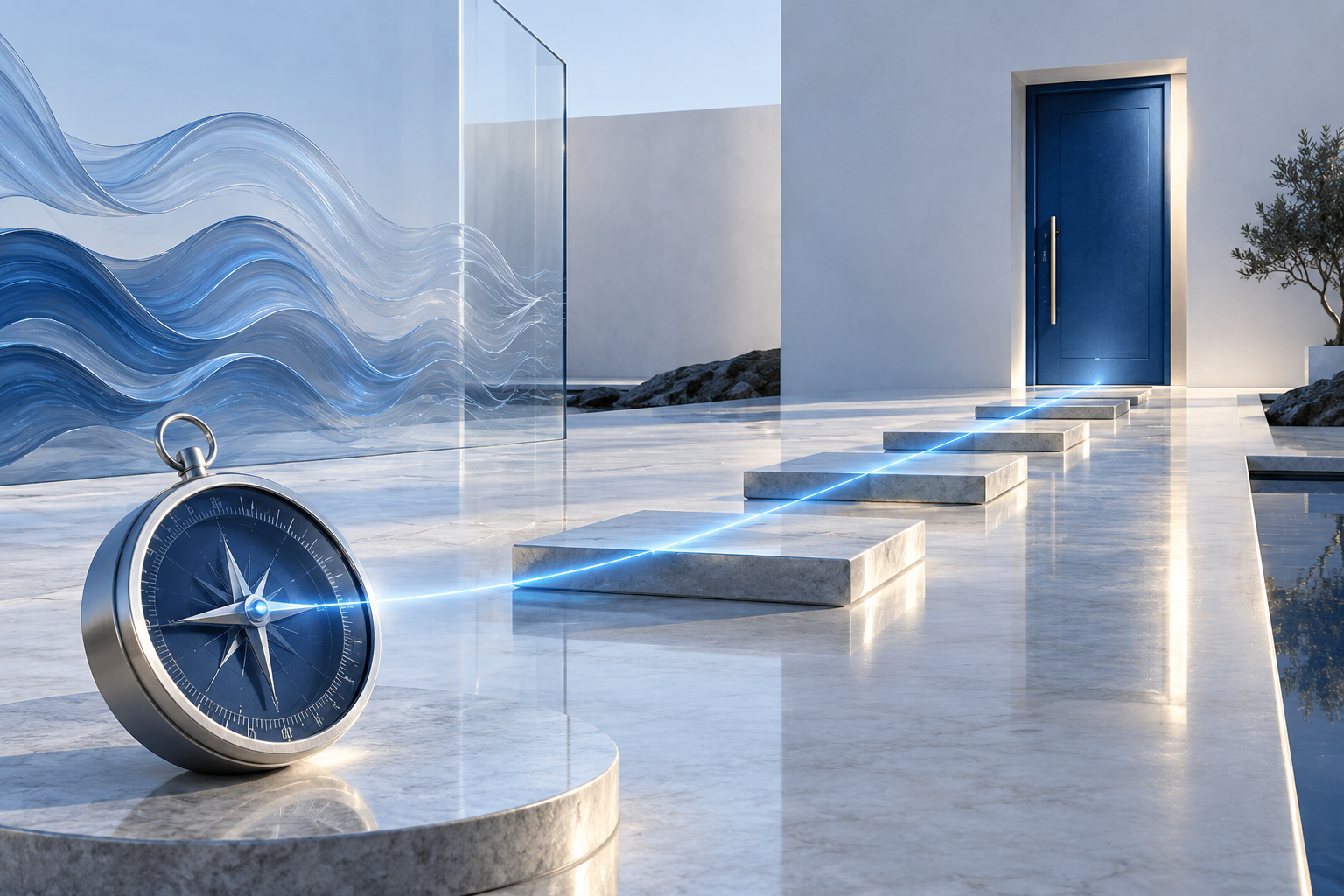 A blue compass guiding attention toward deliberate action while imagined vibration fades before a solid boundary