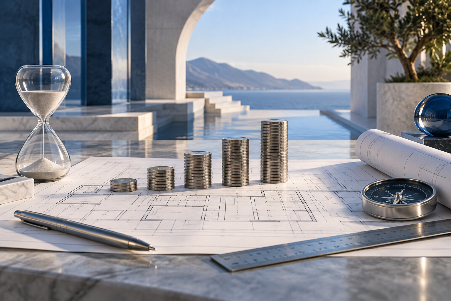 A blue architectural plan and orderly coins replacing an imagined prosperity lever with practical stewardship