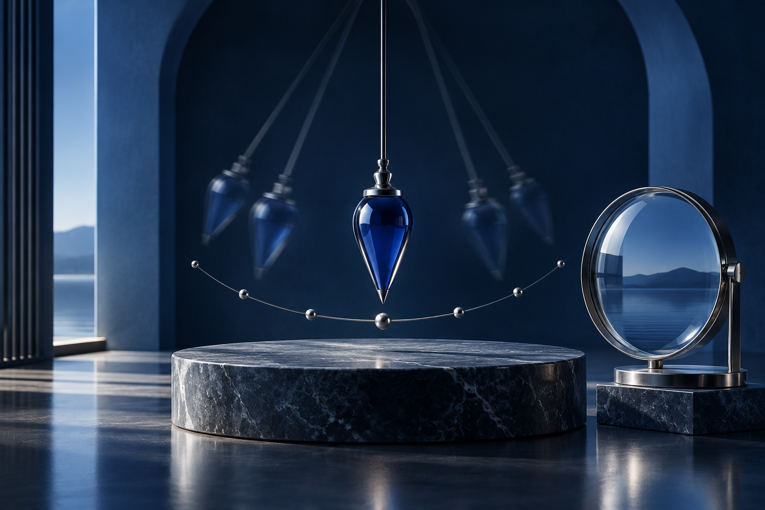 A blue pendulum passing through measured markers beside a clear observational lens on a stable stone platform