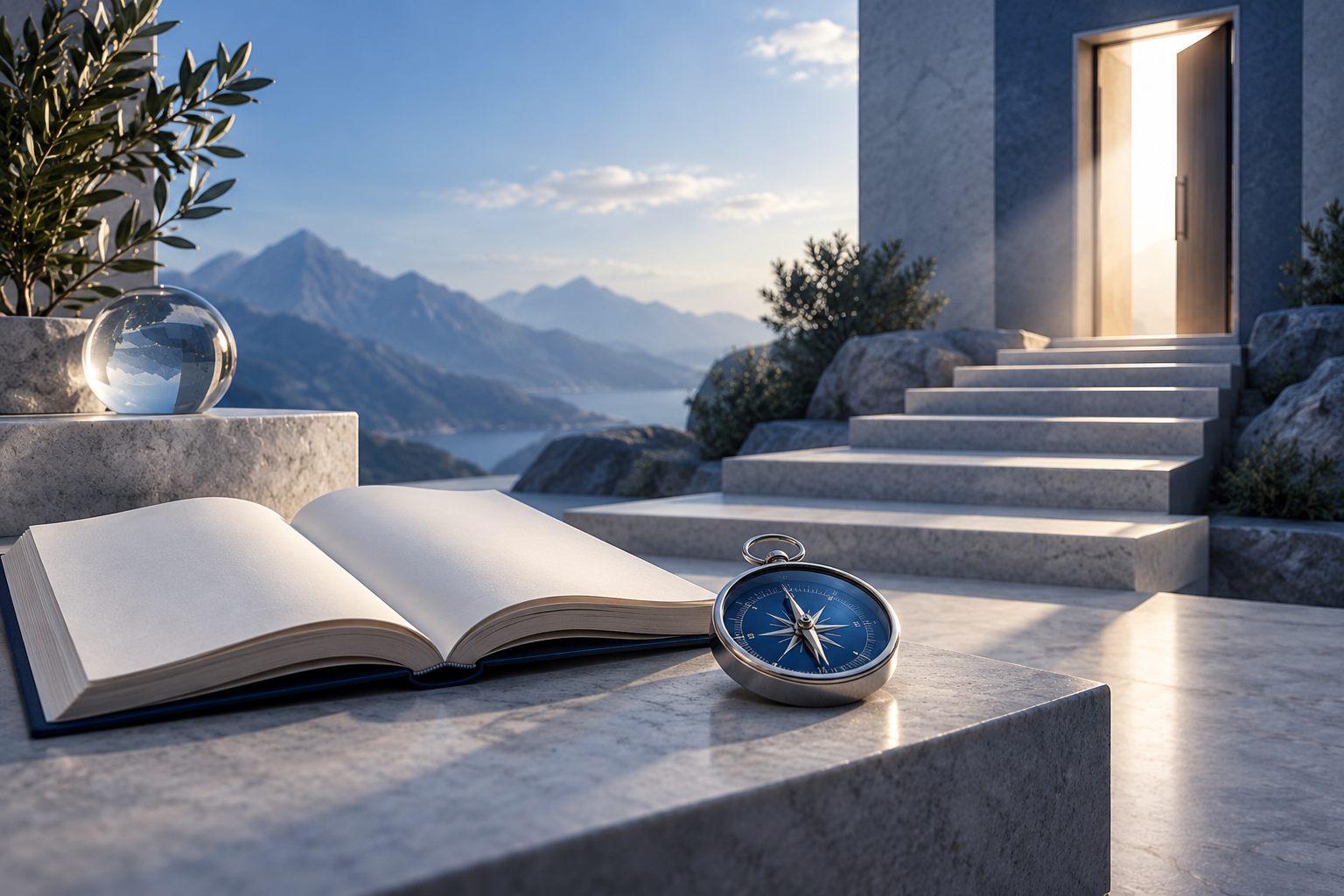 An open book and blue compass beside stone steps leading toward a clear illuminated doorway