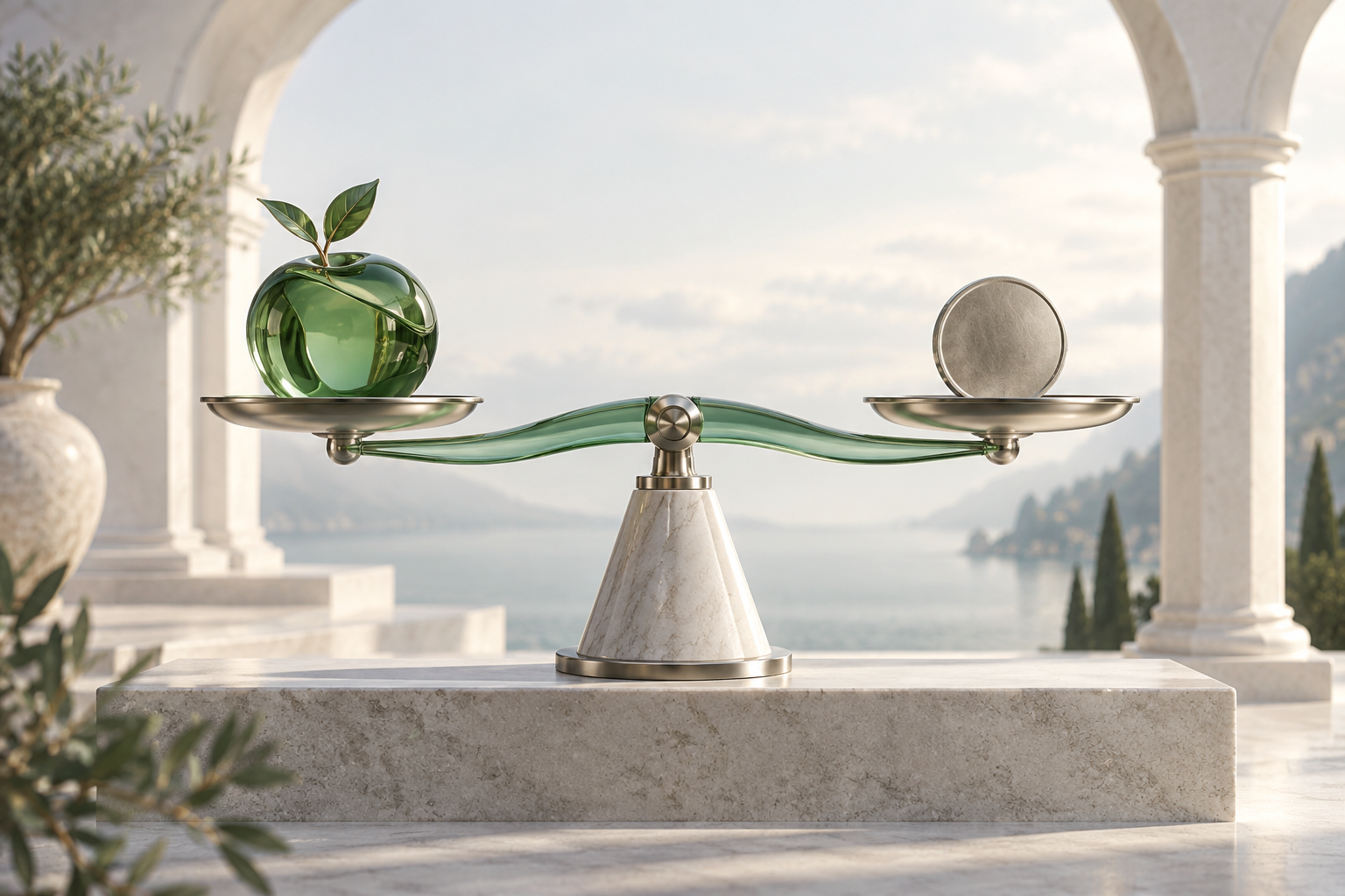 Balanced scales holding a crafted object and a coin to represent fair value exchange