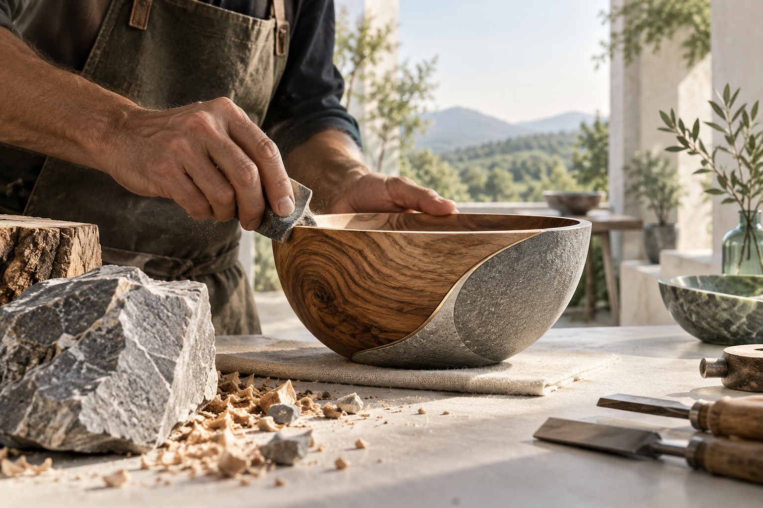Skilled hands shaping raw material into a finished useful object