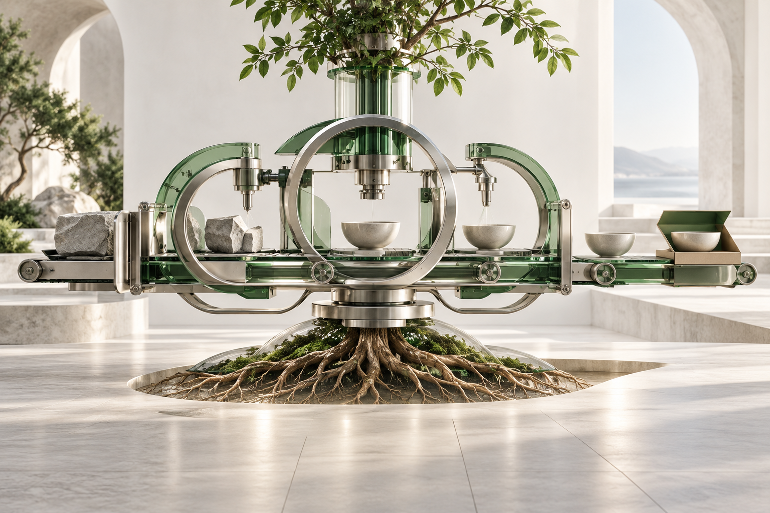Interlocking green and silver mechanisms moving one useful object through an orderly system
