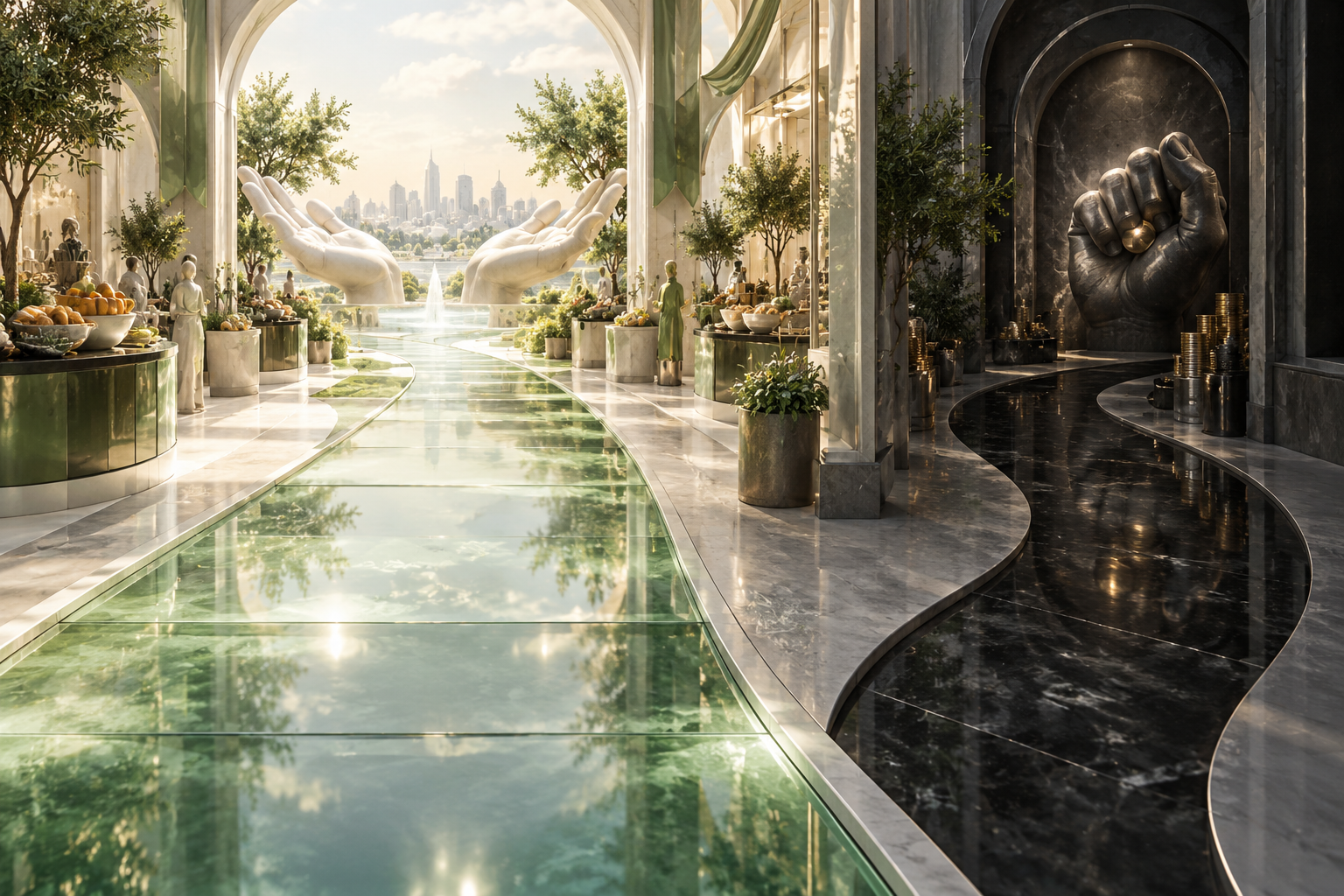 A green marketplace path dividing between transparent service and a shadowed self-serving shortcut