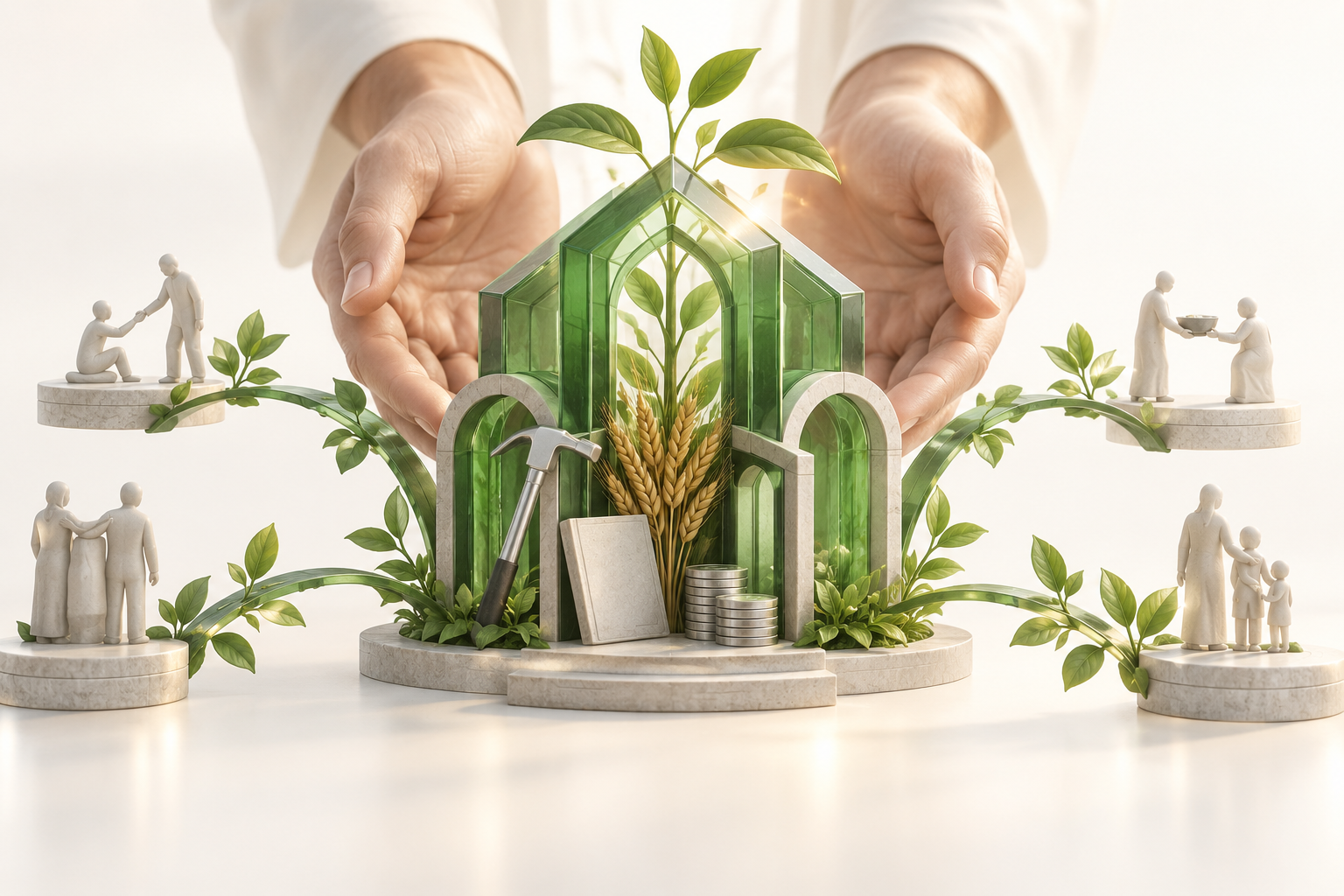 Open hands responsibly tending a growing green structure of tools, grain, and coins