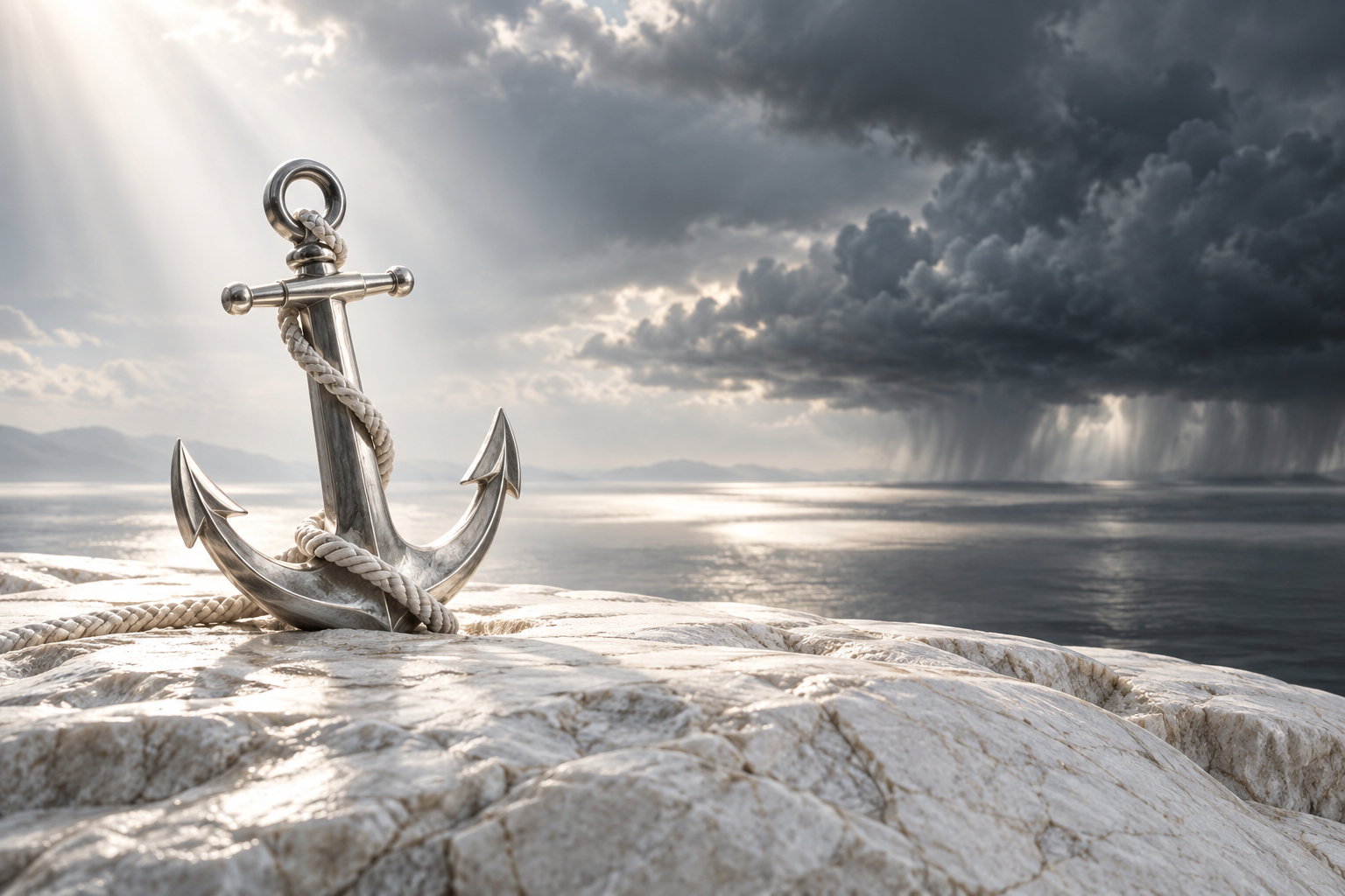 A steady silver anchor resting within a calm white and pearl landscape during a distant storm