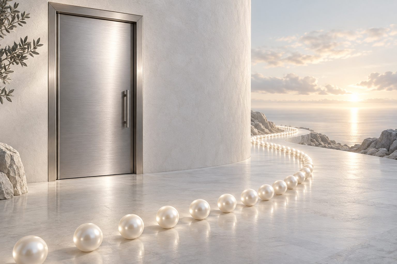 A closed silver door beside a quiet illuminated path continuing beyond the visible wall