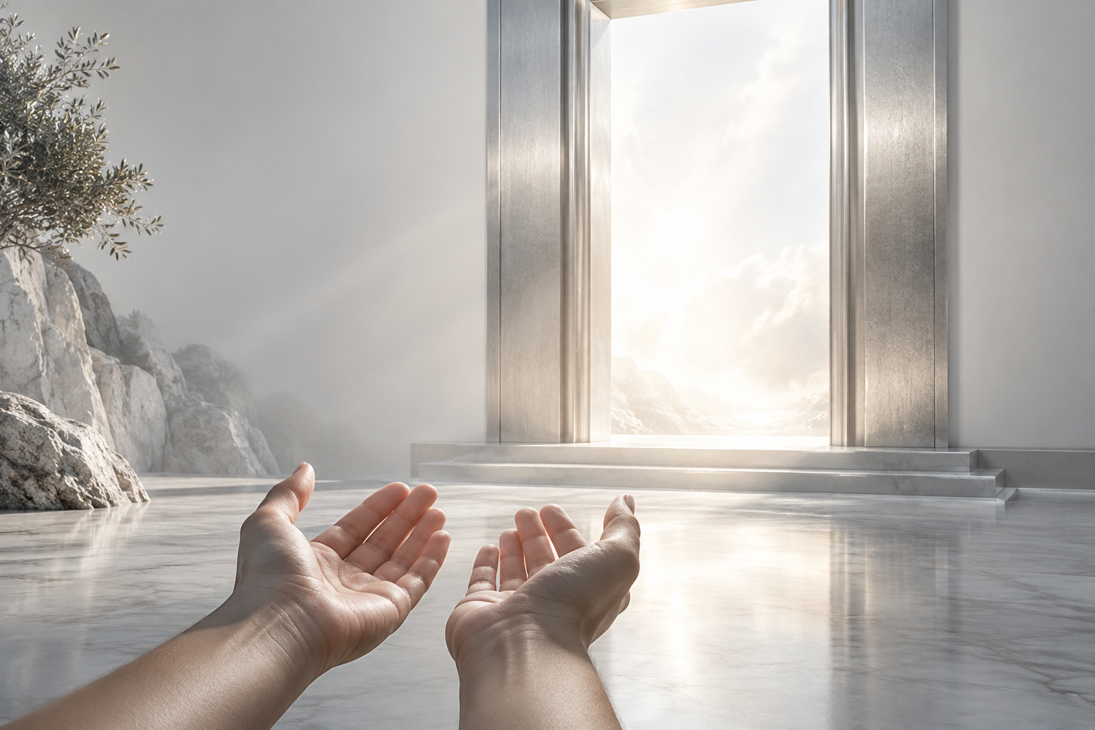 Open hands beneath a silver doorway with light arriving from beyond rather than being forced through