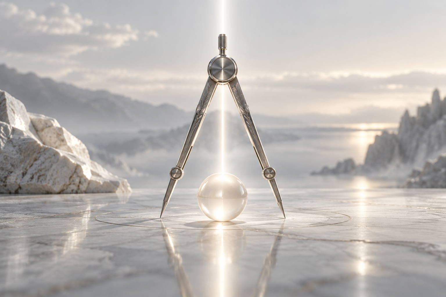 A clear silver compass aligning a bright human desire with a higher steady light