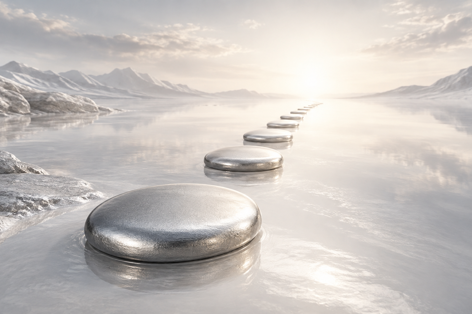 A simple silver path of daily stones leading toward quiet light through a white landscape