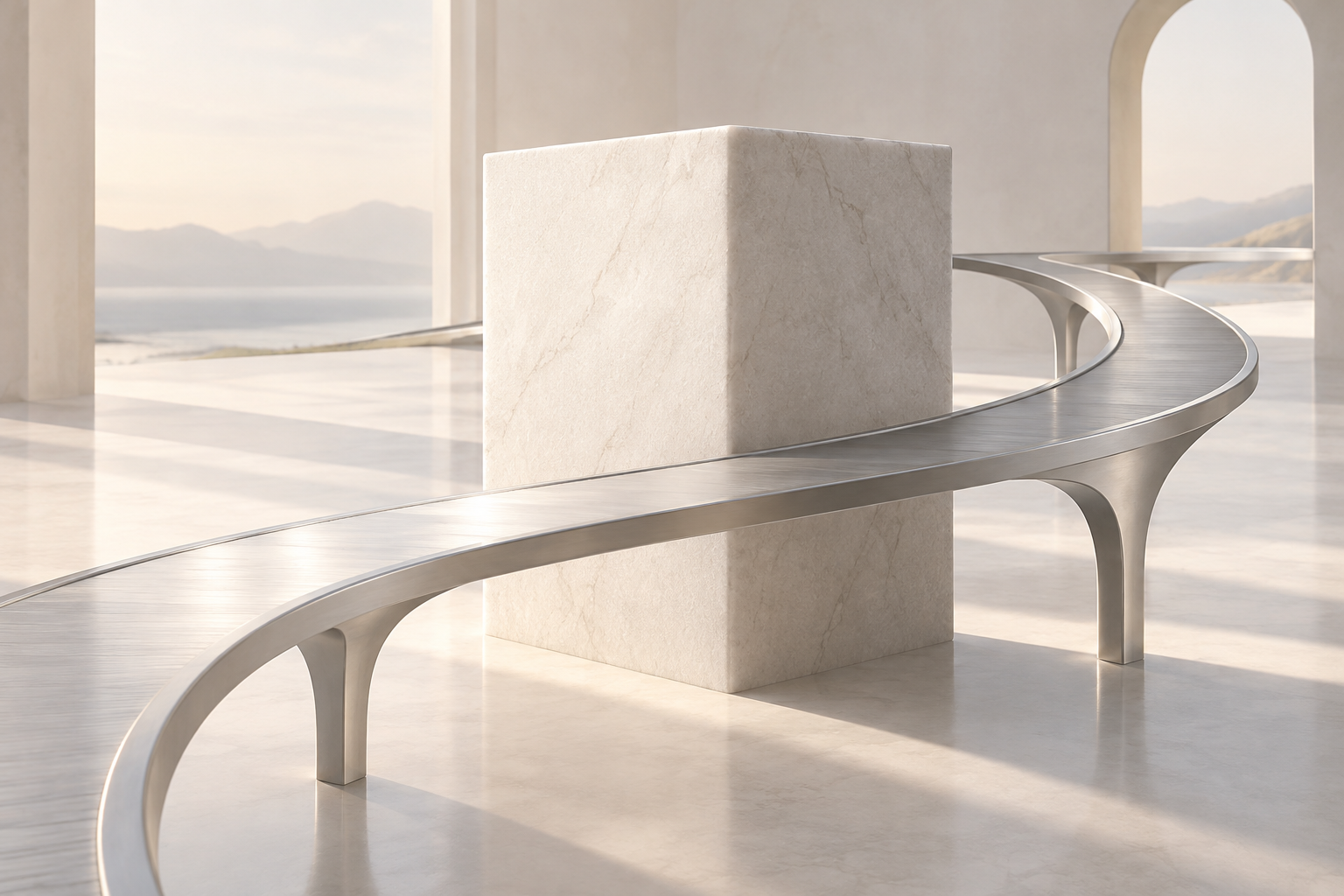 A curved silver bridge adapting around a solid cornerstone in a luminous architectural space