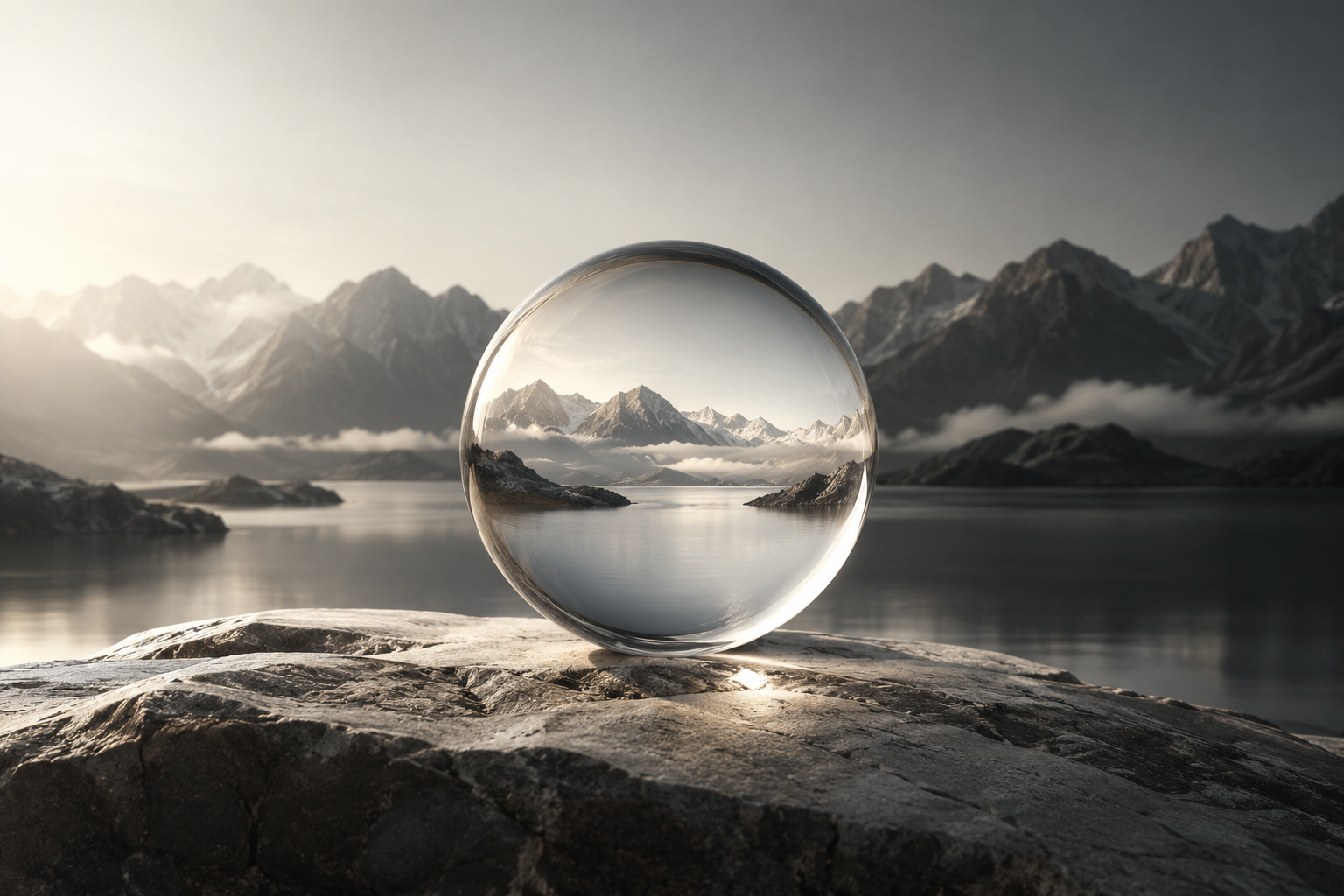 A clear glass lens changing the view of a solid mountain landscape without changing the landscape itself