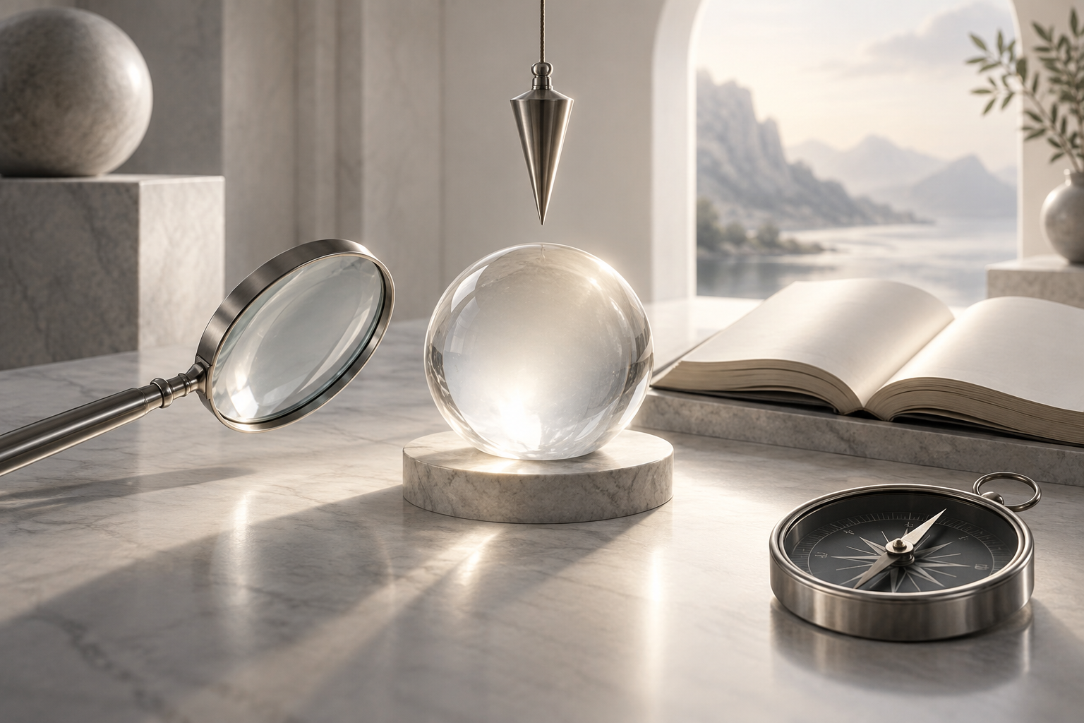 A lens, plumb line, unlettered open book, and compass examining one illuminated object