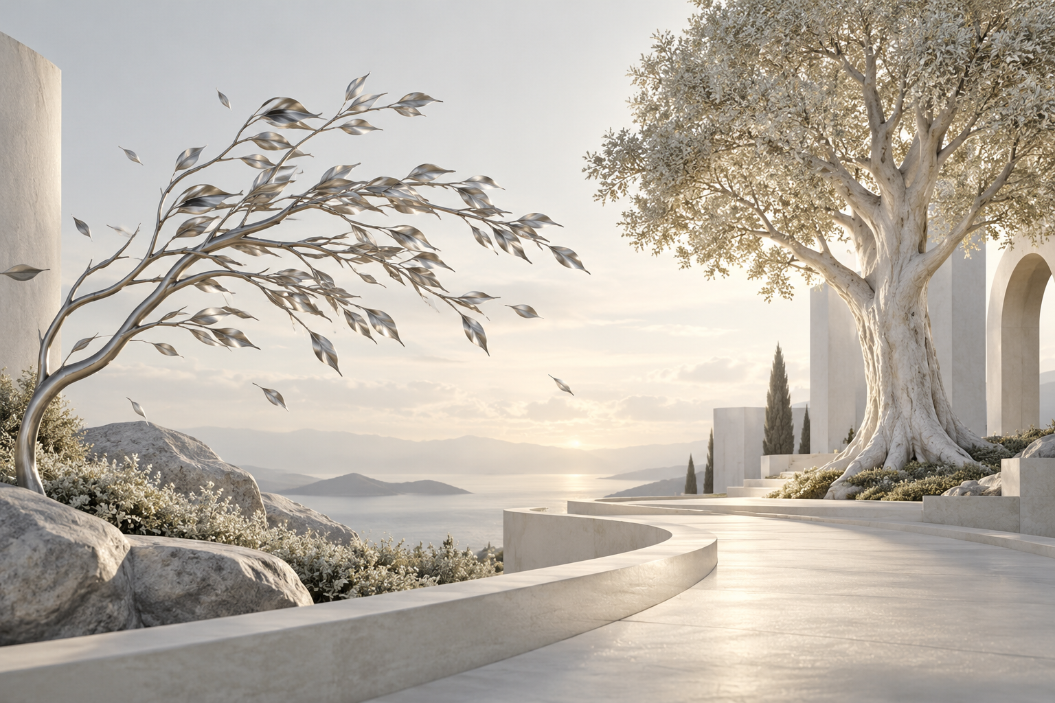 A supple silver branch bending in wind beside a firmly rooted pearl-white tree