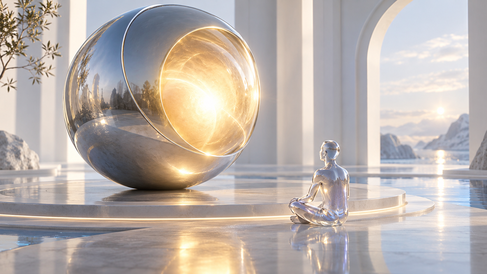 A luminous personal presence attending to a transparent human figure in a calm architectural setting